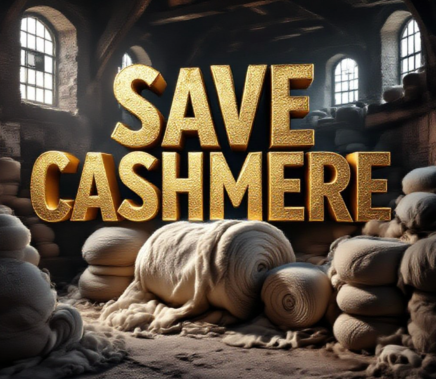A viral, hyper-realistic YouTube thumbnail with a luxurious Scottish heritage atmosphere. The background is a dimly lit historic cashmere mill in Ayr with rolls of raw greasy yarn stacked high and soft natural light filtering through old windows. The composition uses a dramatic low-angle shot to focus on the main subject: massive rolls of luxurious cashmere dramatically lit. The image features massive 3D typography with strict hierarchy: The Primary Text reads exactly: 'Save Cashmere'. This text is massive, the largest element in the frame, rendered in molten gold with realistic woven texture to look like a high-budget 3D render. The Secondary Text reads exactly: 'Young Hands Needed'. This text is significantly smaller, positioned below the main text. It features a thick white border with red outline sticker style to contrast against the background. Make sure text 2 is always different theme, style, effect and border compared to text 1. The text materials correspond to the story's concept. Crucial Instruction: There is absolutely NO other text, numbers, watermarks, or subtitles in this image other than these two specific lines. 8k, Unreal Engine 5, cinematic render