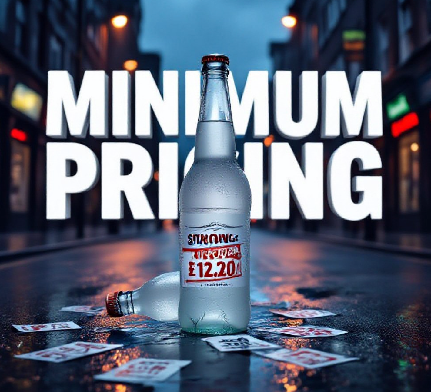 A viral, hyper-realistic YouTube thumbnail with a dramatic, stormy public-health atmosphere. The background is a rain-slicked Belfast city street at dusk with blurred orange streetlights and the glow of off-licence signs. The composition uses a low-angle shot to focus on the main subject: a large, faceless frosted bottle of strong white cider cracked and leaking on the wet pavement, surrounded by scattered price tags showing £5.99 crossed out and £12.20 stamped in red. The image features massive 3D typography with strict hierarchy: The Primary Text reads exactly: 'MINIMUM PRICING'. This text is massive, the largest element in the frame, rendered in cold forged steel with condensation droplets to look like a high-budget 3D render. The Secondary Text reads exactly: 'LAST CHANCE?'. This text is significantly smaller, positioned below the main text with a bold red danger-style outline and slight motion blur. The text materials correspond to the story's concept. Crucial Instruction: There is absolutely NO other text, numbers, watermarks, or subtitles in this image other than these two specific lines. 8k, Unreal Engine 5, cinematic render