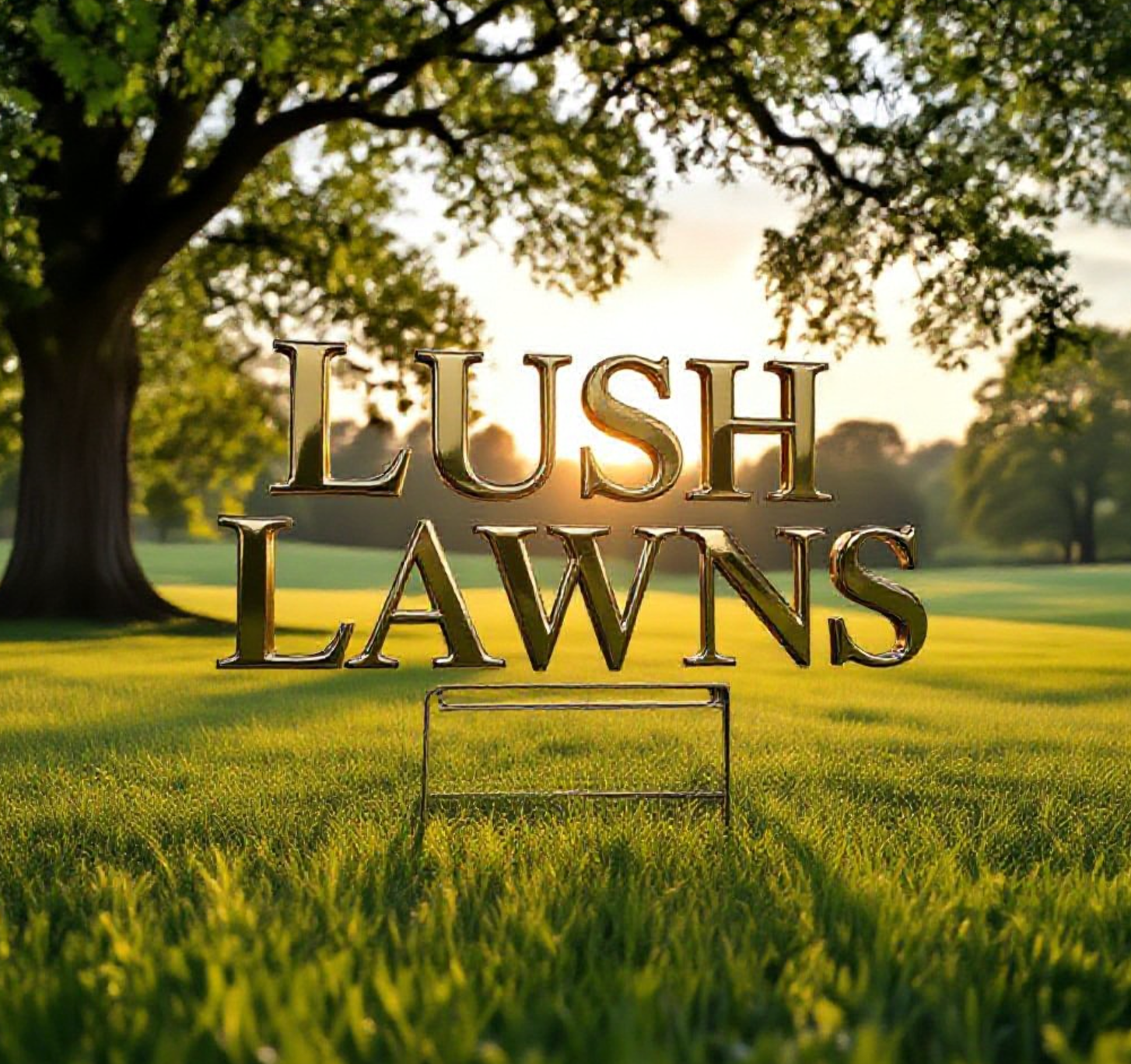 A viral, hyper-realistic YouTube thumbnail with a luxurious British countryside atmosphere. The background is a sweeping emerald lawn at golden hour with soft English sunlight filtering through mature oak trees. The composition uses a dramatic low angle to focus on the main subject: a elegant brass "For Sale" sign staked proudly in perfect grass. The image features massive 3D typography with strict hierarchy: The Primary Text reads exactly: 'LUSH LAWNS'. This text is massive, the largest element in the frame, rendered in polished gold chrome to look like a high-budget 3D render. The Secondary Text reads exactly: 'DREAM HOMES'. This text is significantly smaller, positioned below the main text. It features a thick white sticker-style outline with subtle green glow to contrast against the background. Crucial Instruction: There is absolutely NO other text, numbers, watermarks, or subtitles in this image other than these two specific lines. 8k, Unreal Engine 5, cinematic render