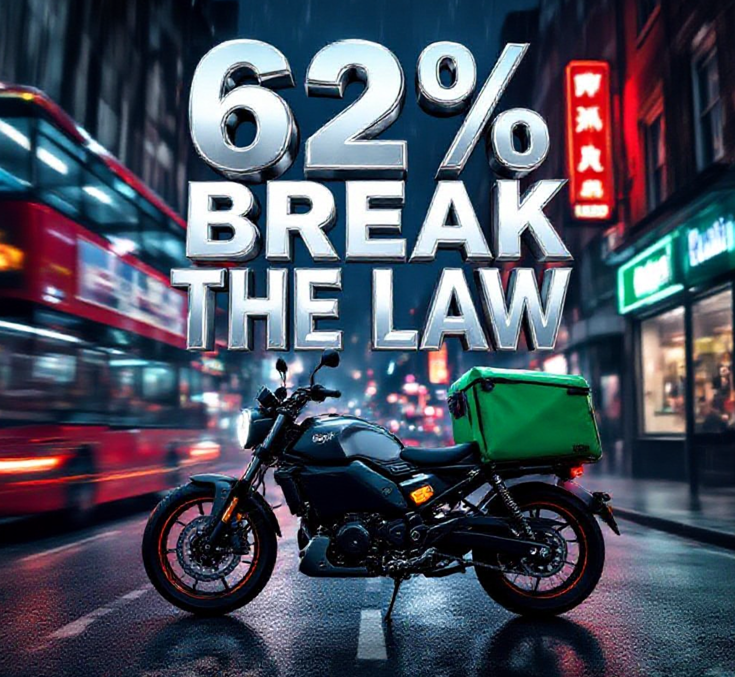 A viral, hyper-realistic YouTube thumbnail with a gritty urban night atmosphere. The background is a rain-slicked London street at night with blurred red bus and neon food shop signs, dramatic cyan and orange street lighting. The composition uses a low-angle shot to focus on the main subject: a powerful modified black delivery e-bike with glowing red motor accents and oversized green delivery bag speeding directly toward camera. The image features massive 3D typography with strict hierarchy: The Primary Text reads exactly: '62% BREAK THE LAW'. This text is massive, the largest element in the frame, rendered in molten chrome with red underglow to look like a high-budget 3D render. The Secondary Text reads exactly: 'TO FEED THEIR FAMILIES'. This text is significantly smaller, positioned below the main text. It features a thick white sticker-style outline with black shadow to contrast against the background. The text materials correspond to the story's concept. Crucial Instruction: There is absolutely NO other text, numbers, watermarks, or subtitles in this image other than these two specific lines. 8k, Unreal Engine 5, cinematic render
