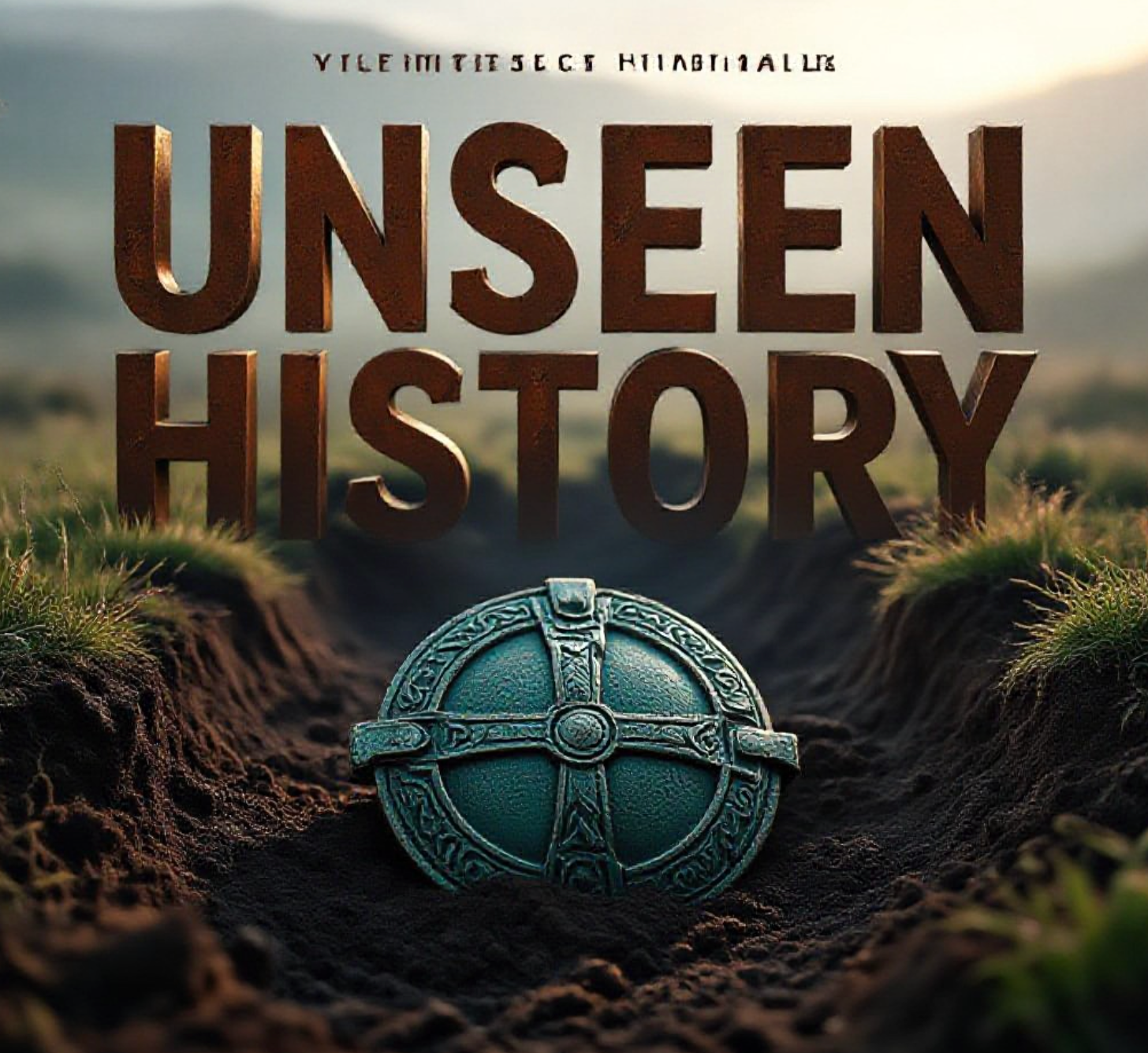 A viral, hyper-realistic YouTube thumbnail with a Mysterious History atmosphere. The background is a misty Scottish Highland excavation trench with soft, moody morning sunlight. The composition uses a Macro Shot to focus on the main subject: a weathered, ancient Bronze Celtic Brooch half-buried in dark earth. The image features massive 3D typography with strict hierarchy: The Primary Text reads exactly: 'UNSEEN HISTORY'. This text is massive, the largest element in the frame, rendered in Rusted Iron to look like a high-budget 3D render. The Secondary Text reads exactly: 'SEWER DISCOVERY'. This text is significantly smaller, positioned below or next to the main text. It features a thick, distinct color border/outline (sticker style) to contrast against the background. Make sure text 2 is always different theme, style, effect and border compared to text 1.