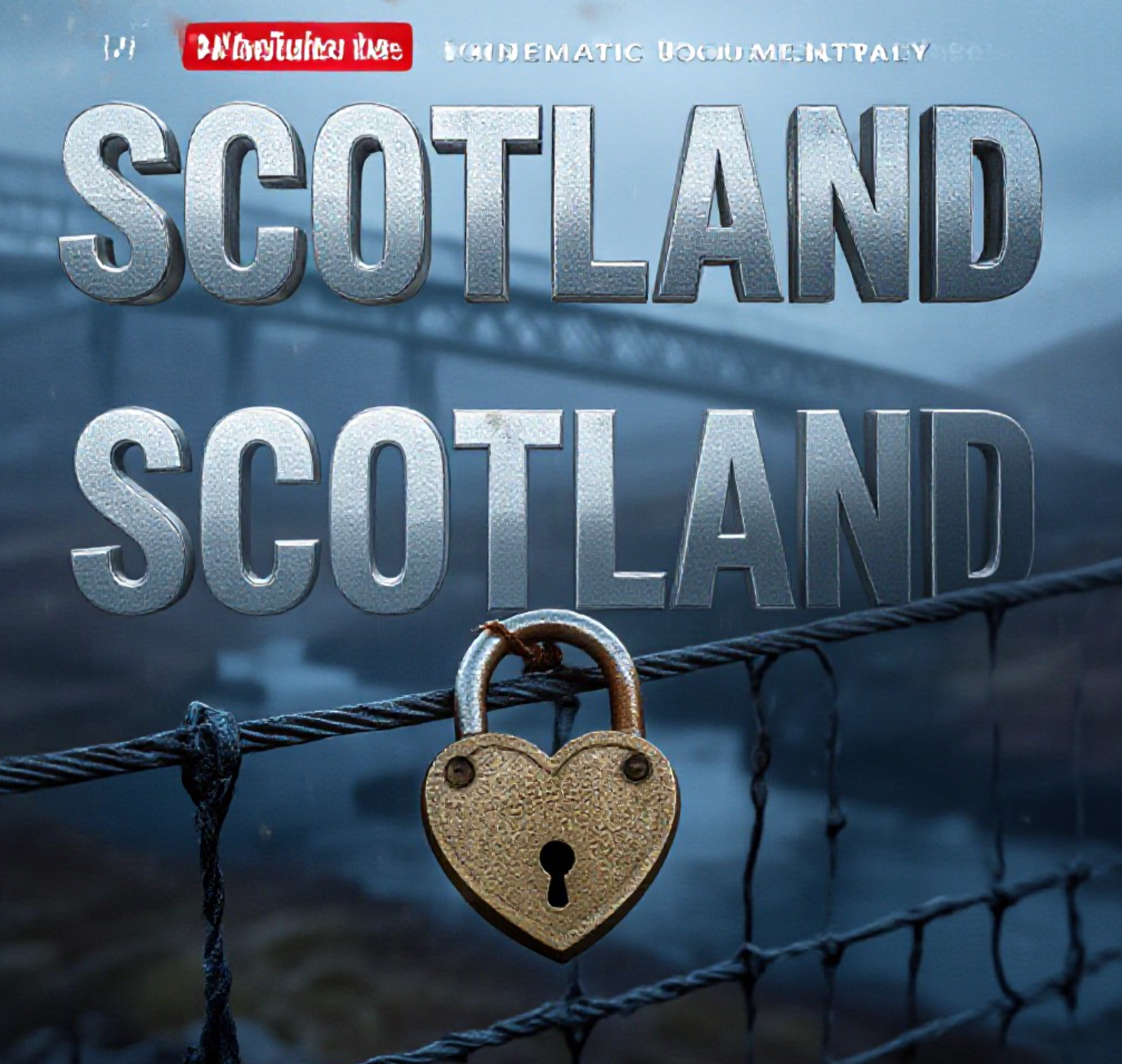 A viral, hyper-realistic YouTube thumbnail with a Cinematic Documentary atmosphere. The background is a blurred, moody Scottish landscape featuring a misty steel bridge structure with soft, cold blue lighting. The composition uses a Macro Close-Up to focus on the main subject: a weathered, heart-shaped brass Padlock attached to a steel wire mesh. The image features massive 3D typography with strict hierarchy: The Primary Text reads exactly: 'SCOTLAND'. This text is massive, the largest element in the frame, rendered in Frozen Chrome to look like a high-budget 3D render. The Secondary Text reads exactly: 'UNLOCKED'. This text is significantly smaller, positioned below or next to the main text. It features a thick, distinct neon orange border/outline (sticker style) to contrast against the background. Make sure text 2 is always different theme, style, effect and border compared to text 1.