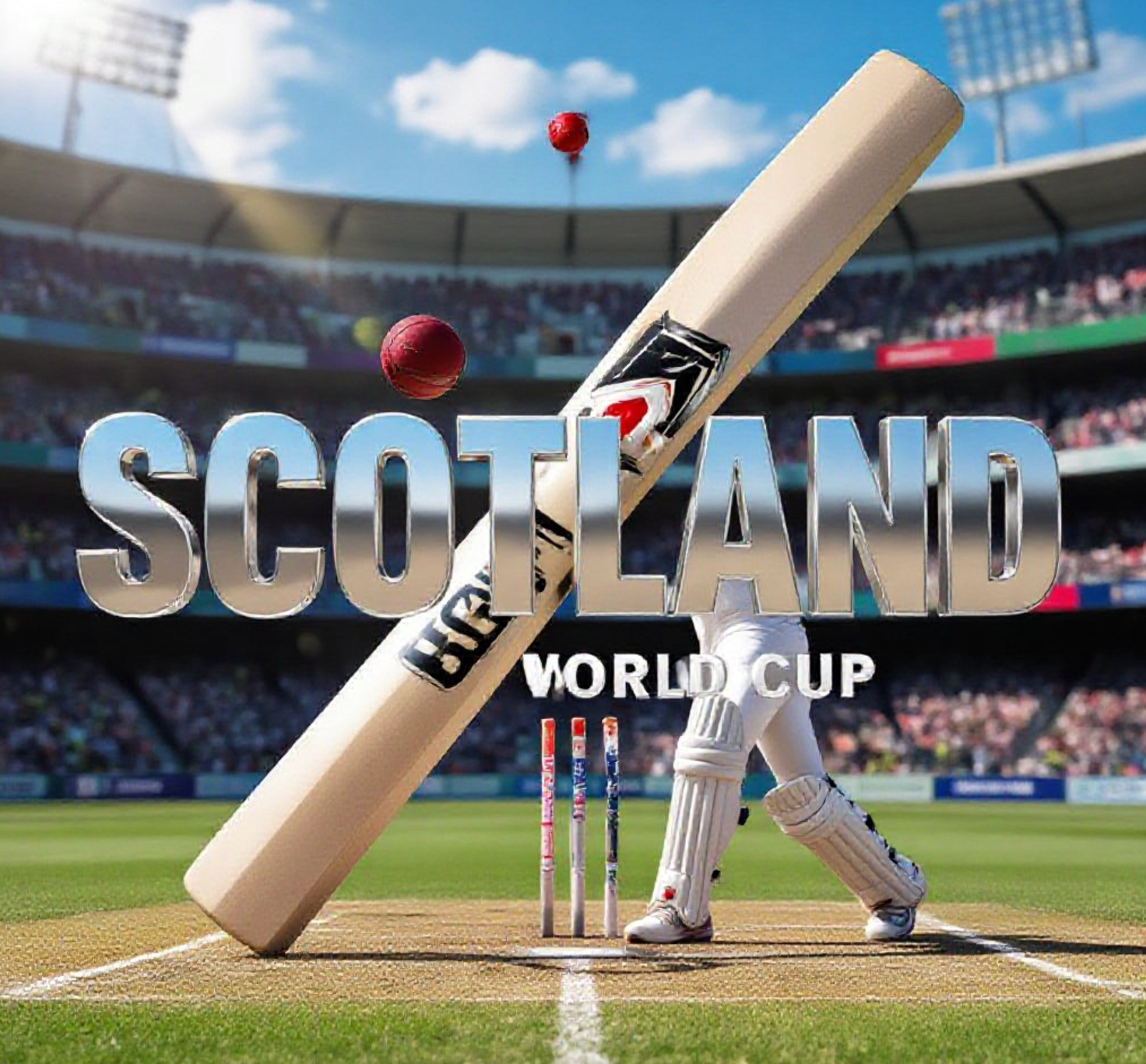 A viral, hyper-realistic YouTube thumbnail with a Kinetic Sports atmosphere. The background is a packed, sunlit cricket stadium with blurred crowds matching the story. The composition uses a Low Angle to focus on the main subject: a Detailed Faceless Cricket Bat hitting a ball. The image features massive 3D typography with strict hierarchy: The Primary Text reads exactly: 'SCOTLAND'. This text is massive, the largest element in the frame, rendered in Chrome to look like a high-budget 3D render. The Secondary Text reads exactly: 'WORLD CUP'. This text is significantly smaller, positioned below or next to the main text. It features a thick, distinct color border/outline (sticker style) to contrast against the background. Make sure text 2 is always different theme, style, effect and border compared to text 1.