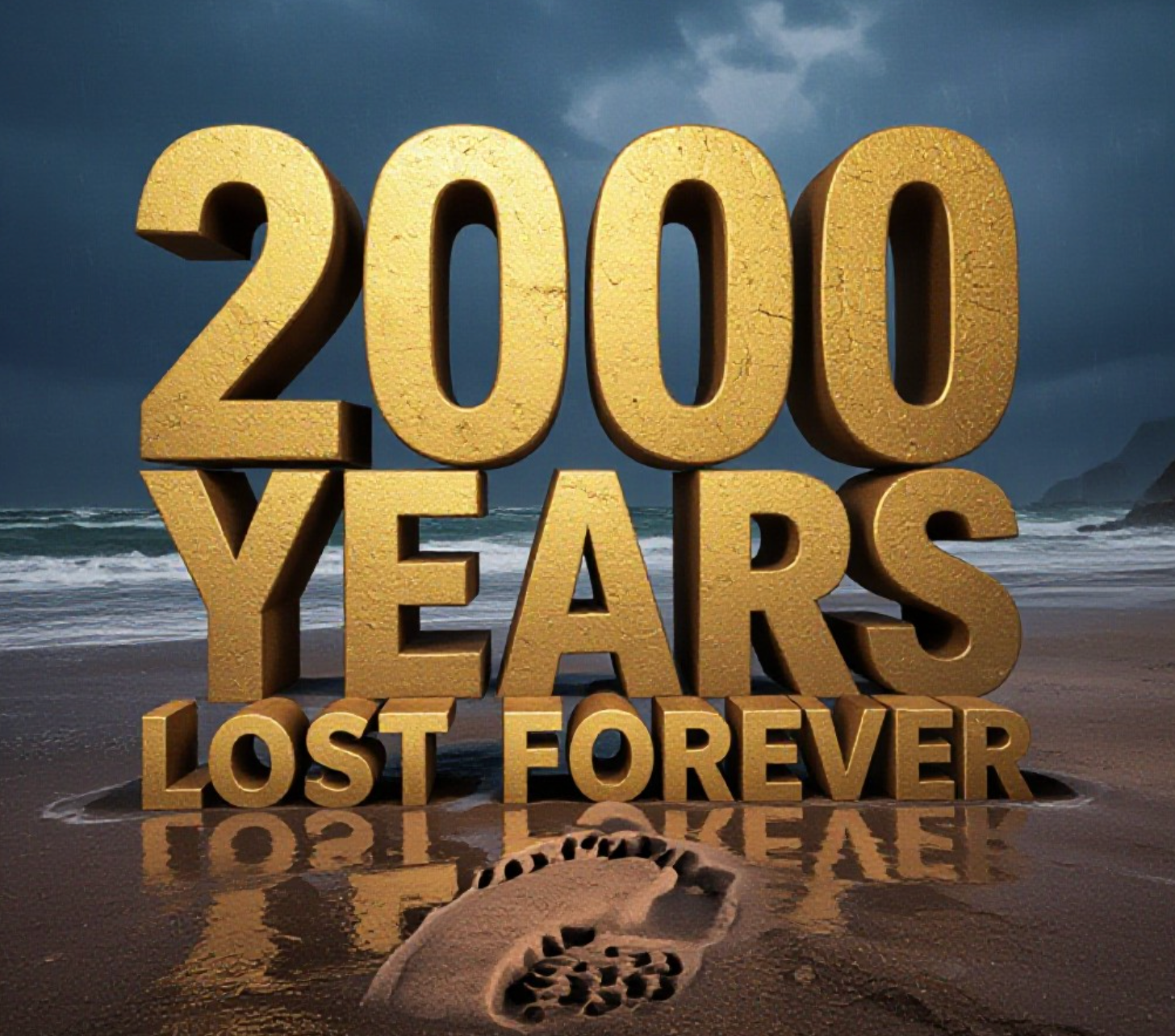 A viral, hyper-realistic YouTube thumbnail with a Science atmosphere. The background is a Stormy Scottish Beach with Dramatic Lighting. The composition uses a Low Angle to focus on the main subject: a Weathered Clay Footprint Cast. The image features massive 3D typography with strict hierarchy: The Primary Text reads exactly: '2000 YEARS'. This text is massive, the largest element in the frame, rendered in Gold to look like a high-budget 3D render. The Secondary Text reads exactly: 'LOST FOREVER'. This text is significantly smaller, positioned below or next to the main text. It features a thick, distinct color border/outline (sticker style) to contrast against the background. Make sure text 2 is always different theme, style, effect and border compared to text 1.
