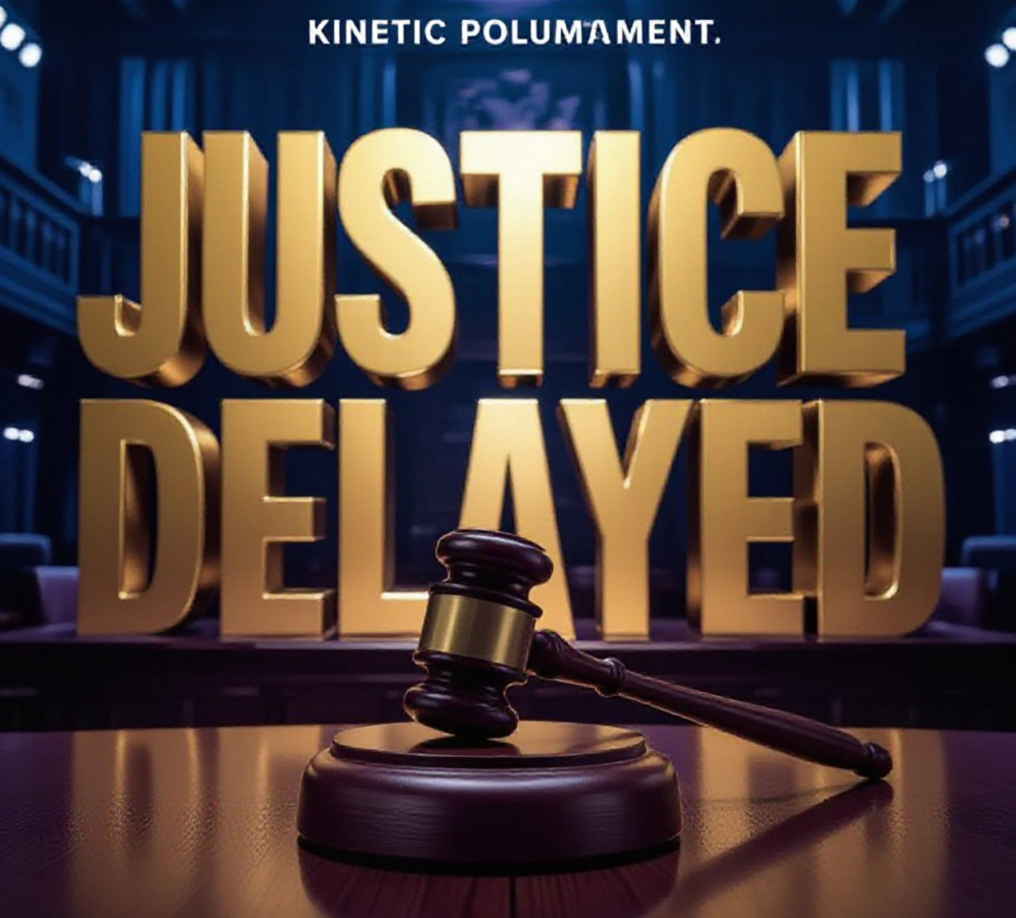 A viral, hyper-realistic YouTube thumbnail with a Kinetic Political atmosphere. The background is a dramatic, low-lit interior of the Scottish Parliament debating chamber with deep blue and shadow tones. The composition uses a Low Angle to focus on the main subject: a highly detailed, wooden Judge's Gavel resting heavily on a polished table. The image features massive 3D typography with strict hierarchy: The Primary Text reads exactly: 'JUSTICE DELAYED'. This text is massive, the largest element in the frame, rendered in Gold to look like a high-budget 3D render. The Secondary Text reads exactly: 'ELECTION CRISIS'. This text is significantly smaller, positioned below the main text. It features a thick, distinct red border/outline to contrast against the background. Make sure text 2 is always different theme, style, effect and border compared to text 1