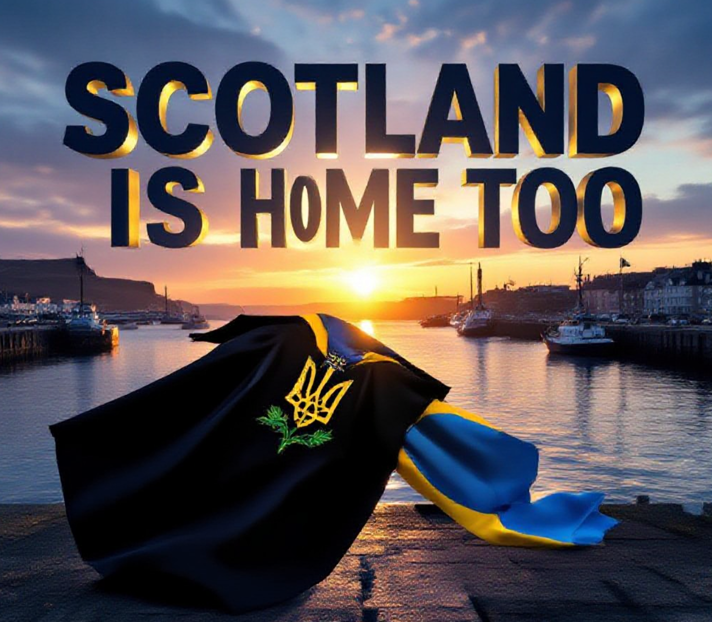 A viral, hyper-realistic YouTube thumbnail with a heartfelt, hopeful cinematic atmosphere. The background is a dramatic Scottish coastal sunrise over Aberdeen harbour mixed with subtle blue and yellow Ukrainian flag colours in the sky glow. The composition uses a low-angle heroic shot to focus on the main subject: a black academic graduation gown and cap floating powerfully in the foreground with a Scottish thistle and Ukrainian tryzub emblem embroidered together on the fabric. The image features massive 3D typography with strict hierarchy: The Primary Text reads exactly: 'SCOTLAND IS HOME TOO'. This text is massive, the largest element in the frame, rendered in polished gold chrome with subtle Scottish tartan texture to look like a high-budget 3D render. The Secondary Text reads exactly: 'Ukrainian Graduate's Story'. This text is significantly smaller, positioned below the main text with a thick white glow border and soft blue outline to contrast against the sunrise sky. Make sure text 2 has completely different style from text 1. There is absolutely NO other text, numbers, watermarks, or subtitles in this image other than these two specific lines. 8k, Unreal Engine 5, cinematic render