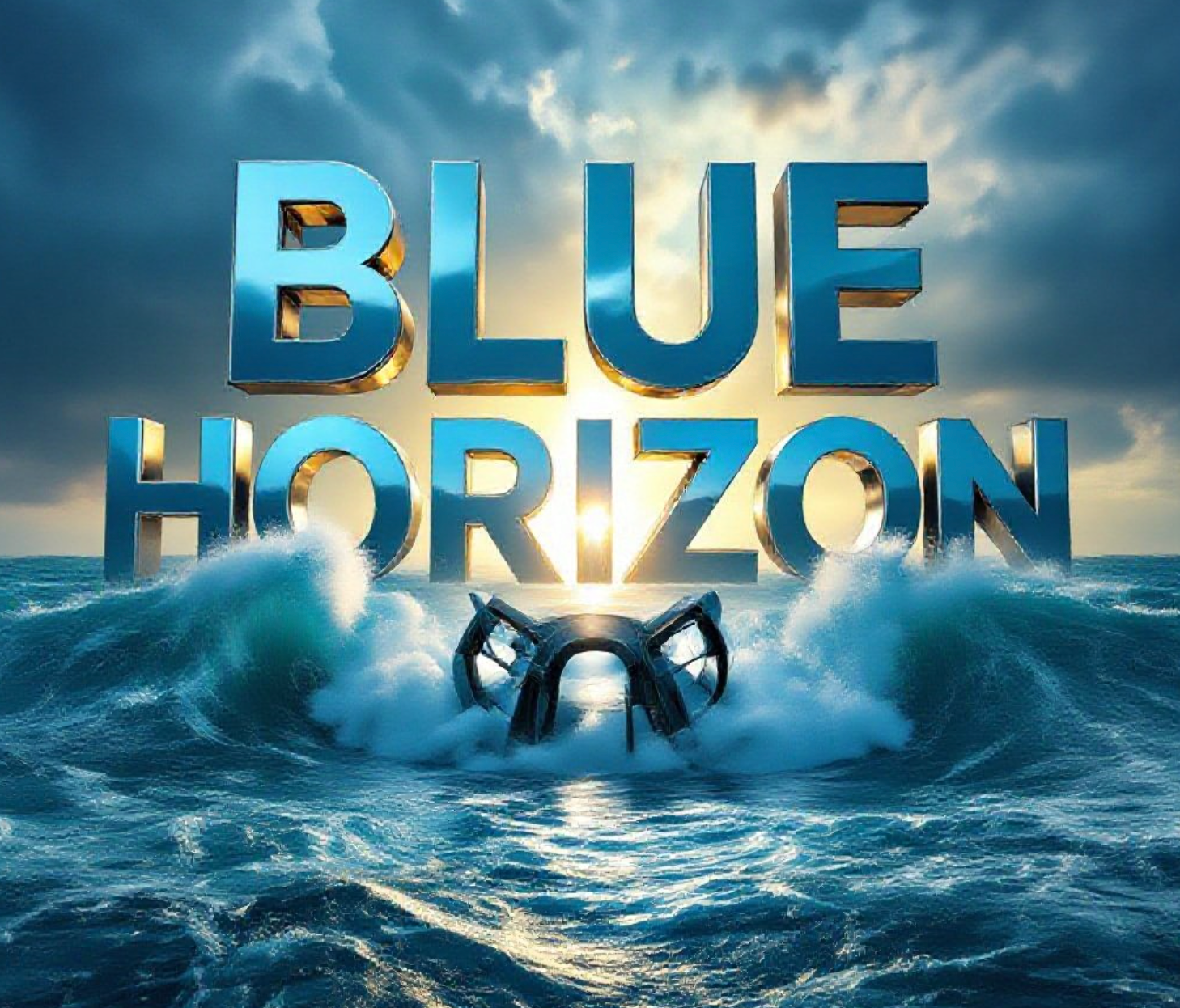 A viral, hyper-realistic YouTube thumbnail with a dramatic oceanic deep-blue atmosphere. The background is the raging turquoise waters of the Fall of Warness at full flow tide with dark storm clouds parting to reveal golden breakthrough sunlight. The composition uses a powerful low-angle cinematic shot to focus on the main subject: a massive, futuristic tidal turbine array emerging from the waves like a metallic sea monster. The image features massive 3D typography with strict hierarchy: The Primary Text reads exactly: 'BLUE HORIZON'. This text is massive, the largest element in the frame, rendered in gleaming chrome with water droplets and caustics to look like a high-budget 3D render. The Secondary Text reads exactly: '£15M BREAKTHROUGH'. This text is significantly smaller, positioned below the main text with a thick electric-cyan glowing outline and subtle motion blur to contrast against the background. Make sure text 2 is always different theme, style, effect and border compared to text 1. The text materials correspond to the story's concept. Crucial Instruction: There is absolutely NO other text, numbers, watermarks, or subtitles in this image other than these two specific lines. 8k, Unreal Engine 5, cinematic render.