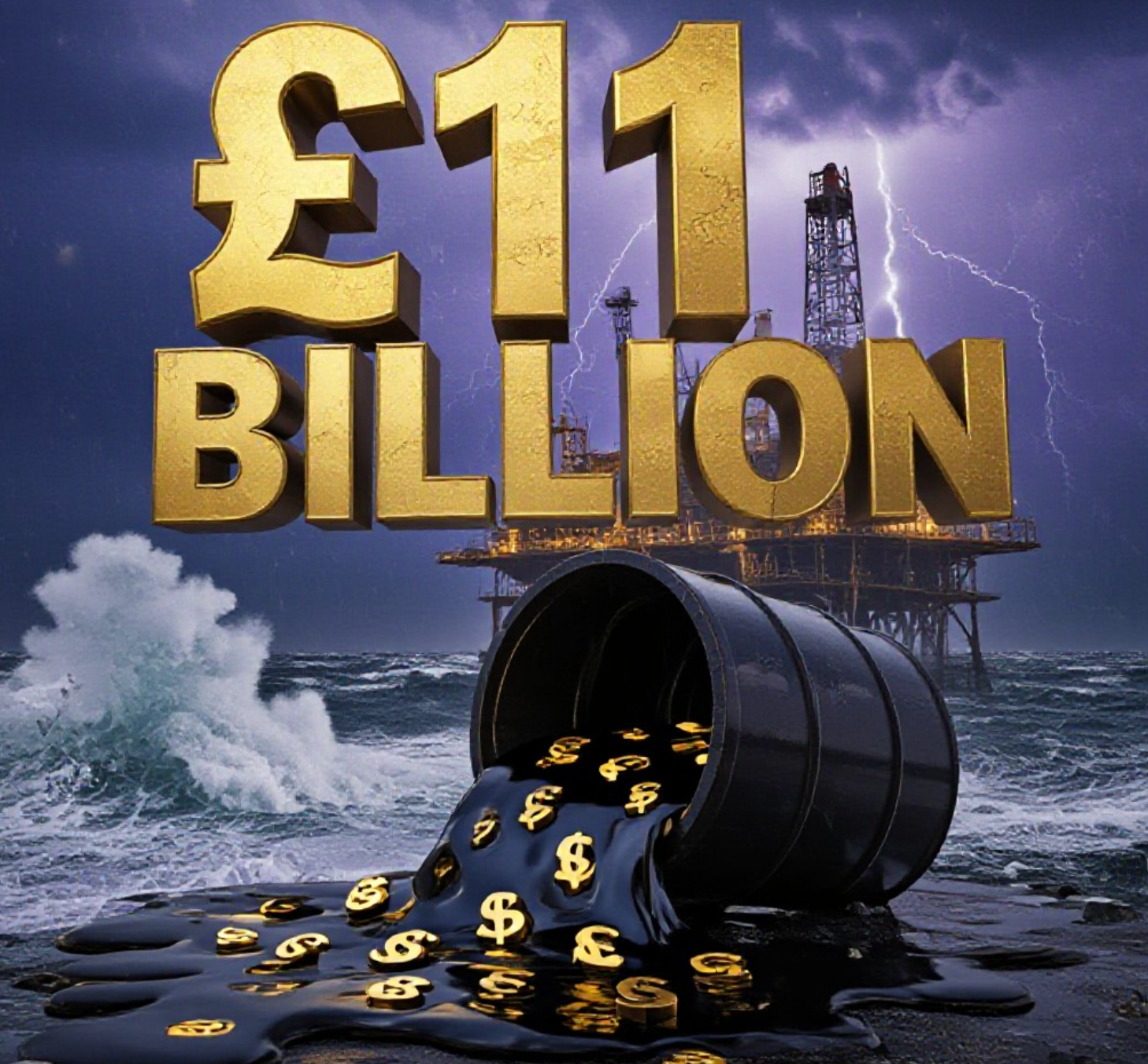 A viral, hyper-realistic YouTube thumbnail with a dark, stormy Scottish economic atmosphere. The background is a dramatic North Sea oil rig battered by massive waves under a bruised purple sky with lightning flashes. The composition uses a dramatic low angle to focus on the main subject: a cracked, leaking oil barrel spilling black liquid that morphs into pound sterling symbols cascading down. The image features massive 3D typography with strict hierarchy: The Primary Text reads exactly: '£11 BILLION'. This text is massive, the largest element in the frame, rendered in molten gold to look like a high-budget 3D render. The Secondary Text reads exactly: 'SCOTLAND'S CRISIS'. This text is significantly smaller, positioned below the main text. It features a thick, glowing red border/outline (sticker style) to contrast against the background. Make sure text 2 is always different theme, style, effect and border compared to text 1. The text materials correspond to the story's concept. Crucial Instruction: There is absolutely NO other text, numbers, watermarks, or subtitles in this image other than these two specific lines. 8k, Unreal Engine 5, cinematic render