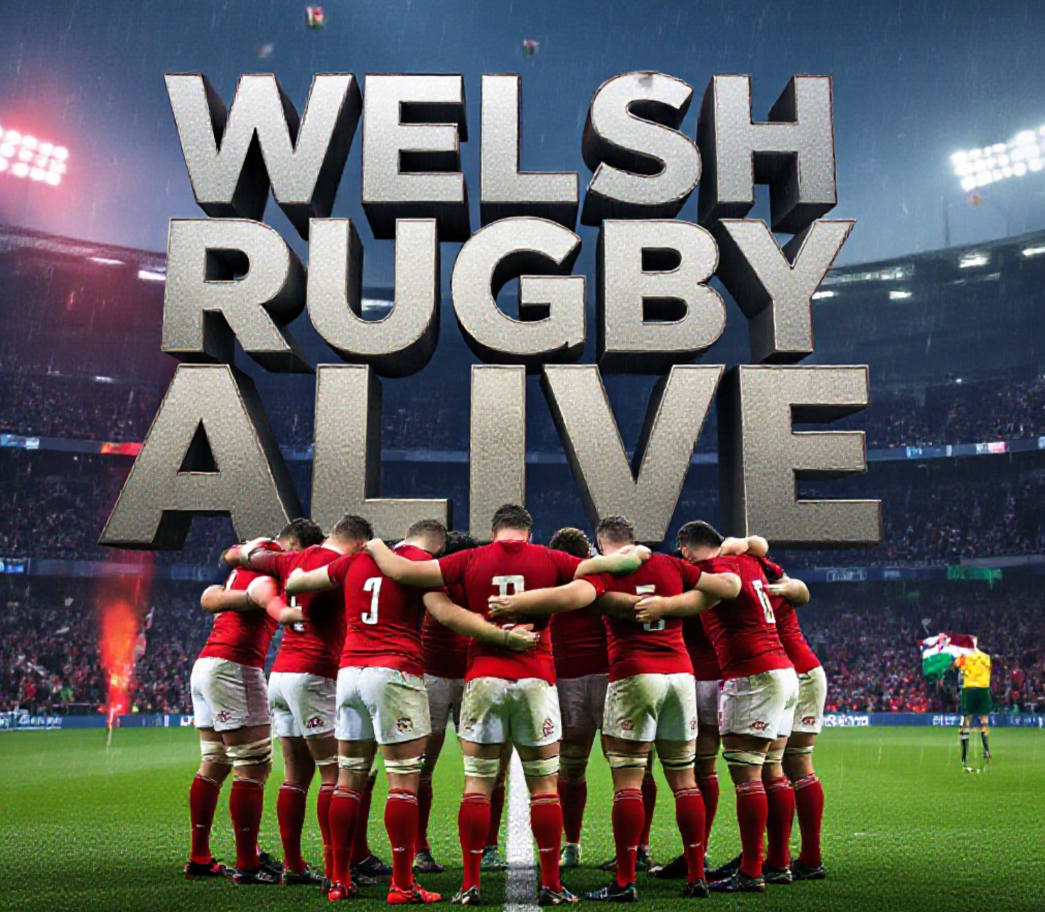 A viral, hyper-realistic YouTube thumbnail with a dramatic sports atmosphere. The background is a roaring Principality Stadium at night with red flares and Welsh flags under heavy rain and floodlights. The composition uses a dramatic low angle to focus on the main subject: a faceless circle of mud-covered Welsh players in red jerseys locked in an emotional post-match huddle, heads bowed, arms around each other on the wet pitch. The image features massive 3D typography with strict hierarchy: The Primary Text reads exactly: 'WELSH RUGBY ALIVE'. This text is massive, the largest element in the frame, rendered in glowing red metallic chrome with fire sparks to look like a high-budget 3D render. The Secondary Text reads exactly: 'Hope After Heartbreak'. This text is significantly smaller, positioned below the main text. It features a thick white sticker-style outline with red glow effect to contrast against the dark background. The text materials correspond to the story's concept. Crucial Instruction: There is absolutely NO other text, numbers, watermarks, or subtitles in this image other than these two specific lines. 8k, Unreal Engine 5, cinematic render.