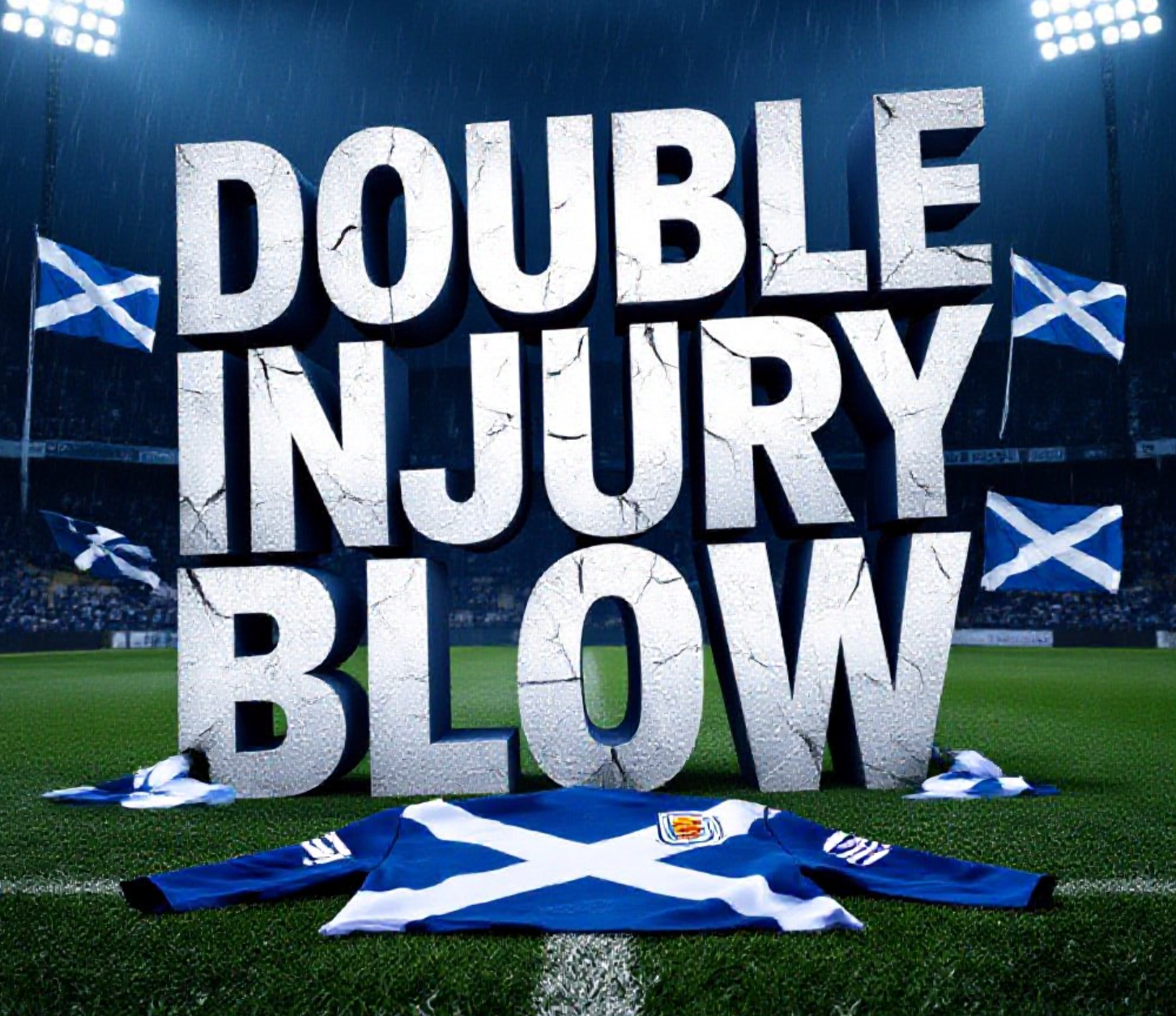 A viral, hyper-realistic YouTube thumbnail with a dramatic sports atmosphere. The background is a dark, moody Hampden Park at night with rain falling and Scottish flags waving in the wind under blue and white floodlights. The composition uses a low-angle shot to focus on the main subject: a torn Scotland Women's National Team jersey lying on the wet pitch with the Saltire visible through the rip. The image features massive 3D typography with strict hierarchy: The Primary Text reads exactly: 'DOUBLE INJURY BLOW'. This text is massive, the largest element in the frame, rendered in cracked ice material with sharp blue-white edges glowing like frozen lightning. The Secondary Text reads exactly: 'MACLEAN & CORNET OUT'. This text is significantly smaller, positioned below the main text with a thick red danger-border outline in bold sticker style to contrast against the dark background. The text materials correspond to the story's concept. Crucial Instruction: There is absolutely NO other text, numbers, watermarks, or subtitles in this image other than these two specific lines. 8k, Unreal Engine 5, cinematic render.