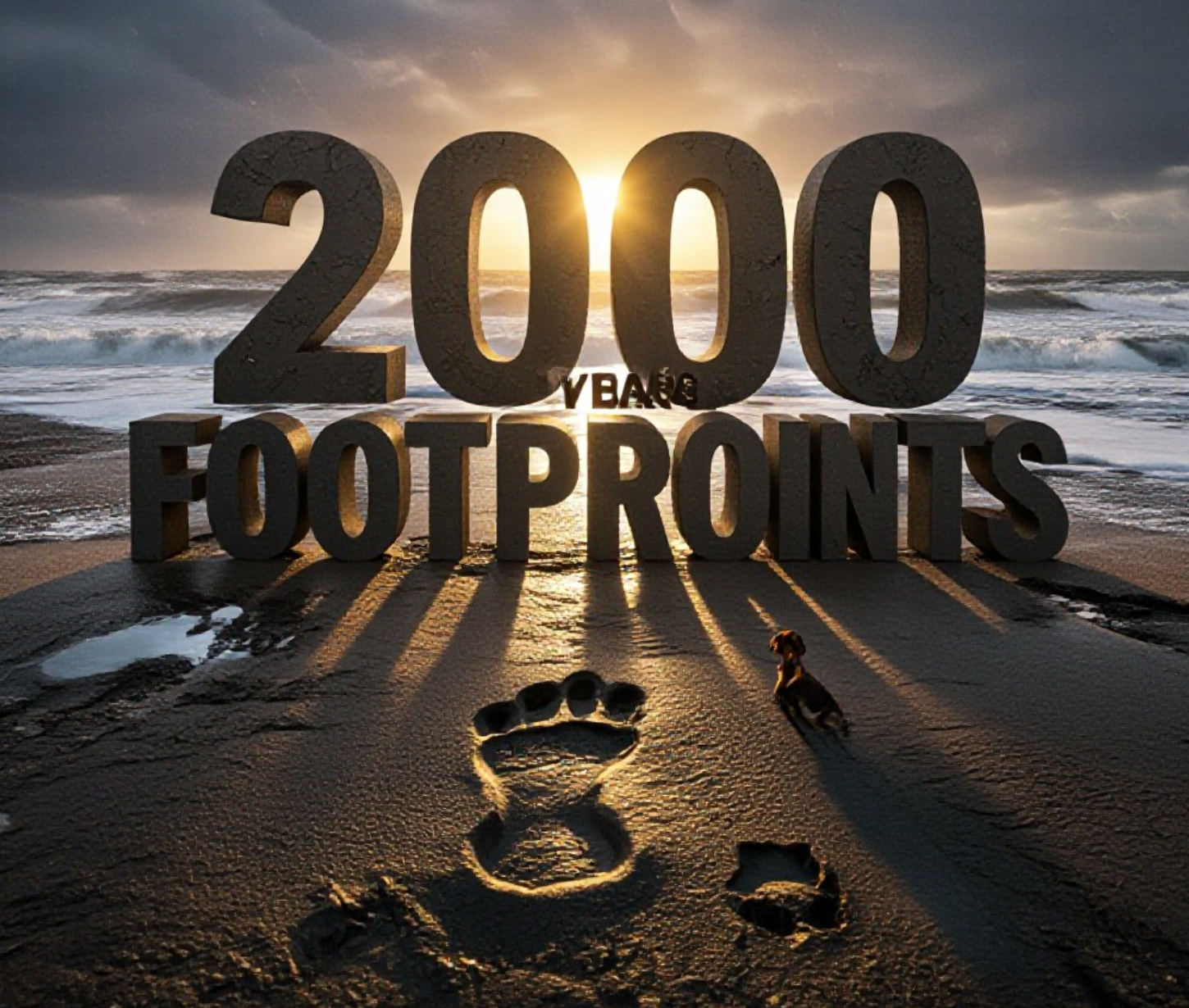 A viral, hyper-realistic YouTube thumbnail with a dramatic, moody archaeological atmosphere. The background is a stormy North Sea coast at Lunan Bay, dark clay exposed at low tide with crashing waves and threatening clouds, golden hour light cutting through the storm. The composition uses a low, dramatic camera angle to focus on the main subject: a perfectly preserved ancient human footprint in wet clay with smaller child and dog prints nearby. The image features massive 3D typography with strict hierarchy: The Primary Text reads exactly: '2000 YEAR OLD FOOTPRINTS'. This text is massive, the largest element in the frame, rendered in weathered bronze material to look like a high-budget 3D render. The Secondary Text reads exactly: 'FOUND BY DOG WALKERS'. This text is significantly smaller, positioned below the main text. It features a thick, glowing white border/outline to contrast against the dark beach. The text materials correspond to the story's concept. Crucial Instruction: There is absolutely NO other text, numbers, watermarks, or subtitles in this image other than these two specific lines. 8k, Unreal Engine 5, cinematic render