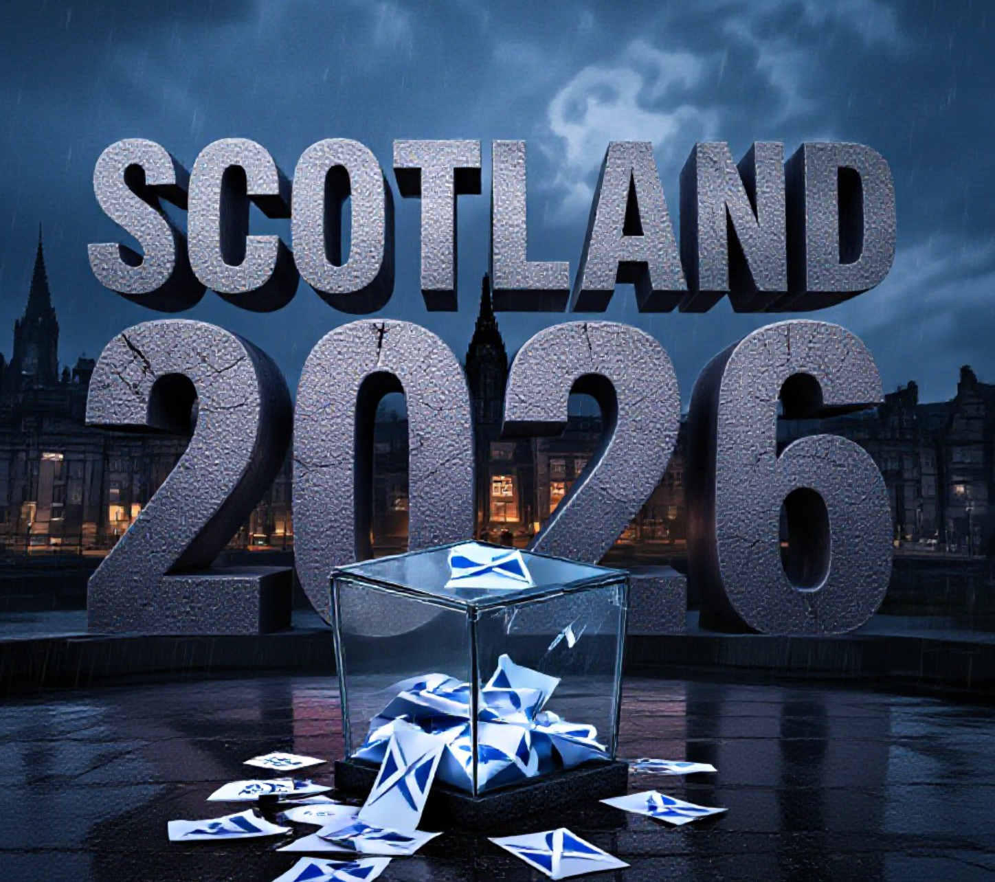 A viral, hyper-realistic YouTube thumbnail with a tense political storm atmosphere. The background is dark moody Edinburgh skyline at dusk with dramatic purple-black clouds swirling over the Scottish Parliament building, rain starting to fall. The composition uses a low dramatic angle focusing on a cracked glass ballot box in the foreground spilling voting papers marked with saltire flags. The image features massive 3D typography with strict hierarchy: The Primary Text reads exactly: 'SCOTLAND 2026'. This text is massive, carved from weathered Scottish granite with deep dramatic shadows and glowing blue edges like cold Highland steel. The Secondary Text reads exactly: 'VOTER FURY'. This text is smaller, positioned below with a sharp blood-red outline and slight glitch distortion effect. The text materials correspond to the story's concept. Crucial Instruction: There is absolutely NO other text, numbers, watermarks, or subtitles in this image other than these two specific lines. 8k, Unreal Engine 5, cinematic render.