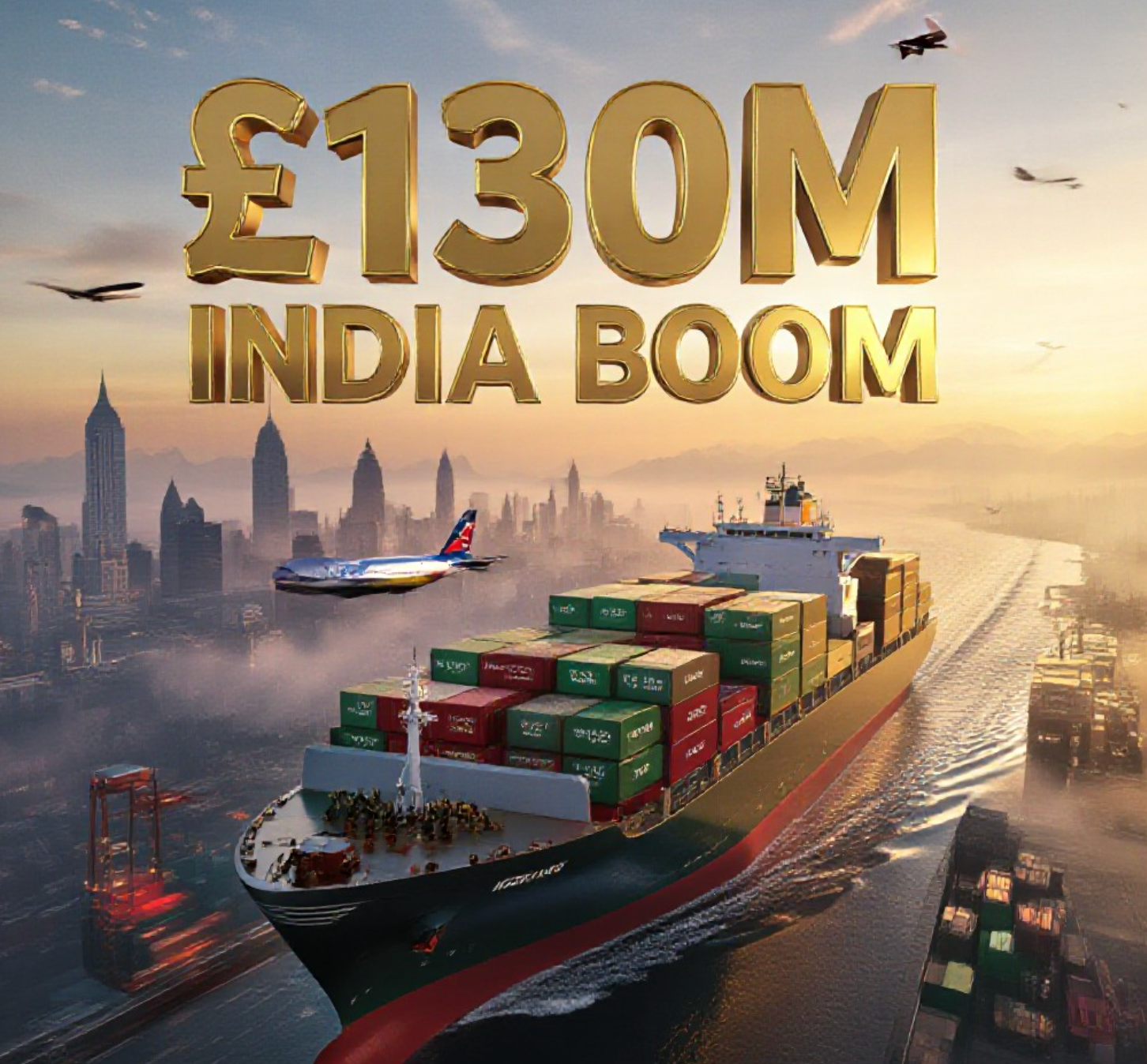 A viral, hyper-realistic YouTube thumbnail with a luxurious gold and emerald business atmosphere. The background is a dramatic aerial view of Mumbai skyline at golden hour mixed with Scottish Highlands mist, with glowing cargo planes streaking across the sky. The composition uses a dynamic low-angle shot to focus on the main subject: a gleaming chrome container ship loaded with premium Scottish salmon crates stamped with UK and India flags. The image features massive 3D typography with strict hierarchy: The Primary Text reads exactly: '£130M INDIA BOOM'. This text is massive, the largest element in the frame, rendered in liquid gold chrome to look like a high-budget 3D render. The Secondary Text reads exactly: 'Scottish Salmon Surge'. This text is significantly smaller, positioned below the main text. It features a thick emerald green border with glowing edge effect to contrast against the background. Make sure text 2 is always different theme, style, effect and border compared to text 1. The text materials correspond to the story's concept. Crucial Instruction: There is absolutely NO other text, numbers, watermarks, or subtitles in this image other than these two specific lines. 8k, Unreal Engine 5, cinematic render