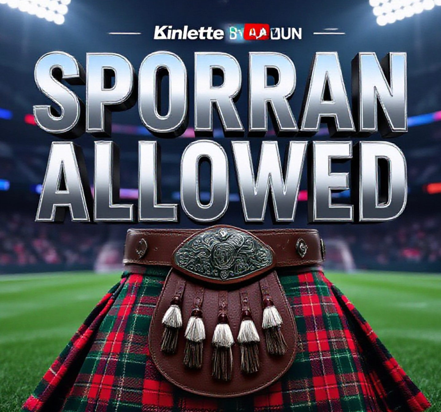 A viral, hyper-realistic YouTube thumbnail with a Kinetic Sports atmosphere. The background is a blurred stadium interior with bright floodlights matching the Gillette Stadium. The composition uses a Low Angle to focus on the main subject: a detailed leather Sporran with intricate silver details resting against a tartan kilt. The image features massive 3D typography with strict hierarchy: The Primary Text reads exactly: 'SPORRAN ALLOWED'. This text is massive, the largest element in the frame, rendered in Chrome to look like a high-budget 3D render. The Secondary Text reads exactly: 'Group C Update'. This text is significantly smaller, positioned below or next to the main text. It features a thick, distinct color border/outline (sticker style) to contrast against the background. Make sure text 2 is always different theme, style, effect and border compared to text 1. The text materials correspond to the story's concept. Crucial Instruction: There is absolutely NO other text, numbers, watermarks, or subtitles in this image other than these two specific lines. 8k, Unreal Engine 5, cinematic render.