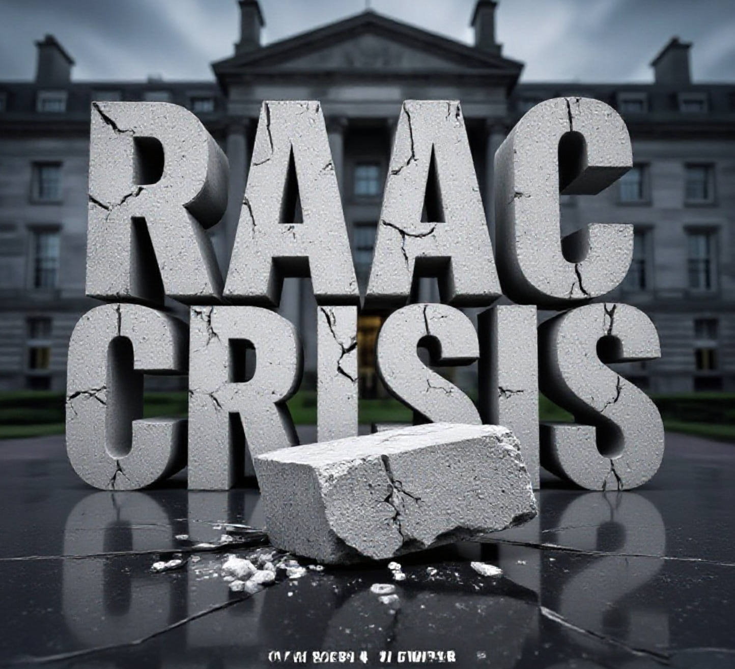 A viral, hyper-realistic YouTube thumbnail with a tense, industrial news atmosphere. The background is a blurred, grey Scottish government building exterior with dramatic, overcast lighting. The composition uses a low-angle close-up to focus on the main subject: a cracked, crumbling concrete block with visible air bubbles (RAAC) sitting on a polished table. The image features massive 3D typography with strict hierarchy: The Primary Text reads exactly: 'RAAC CRISIS'. This text is massive, the largest element in the frame, rendered in Rough Concrete Texture with deep cracks to look like a high-budget 3D render. The Secondary Text reads exactly: 'JUSTICE DENIED'. This text is significantly smaller, positioned below the main text. It features a thick, distinct red border/outline (sticker style) to contrast against the background. Make sure text 2 is always different theme, style, effect and border compared to text 1. The text materials correspond to the story's concept. Crucial Instruction: There is absolutely NO other text, numbers, watermarks, or subtitles in this image other than these two specific lines. 8k, Unreal Engine 5, cinematic render