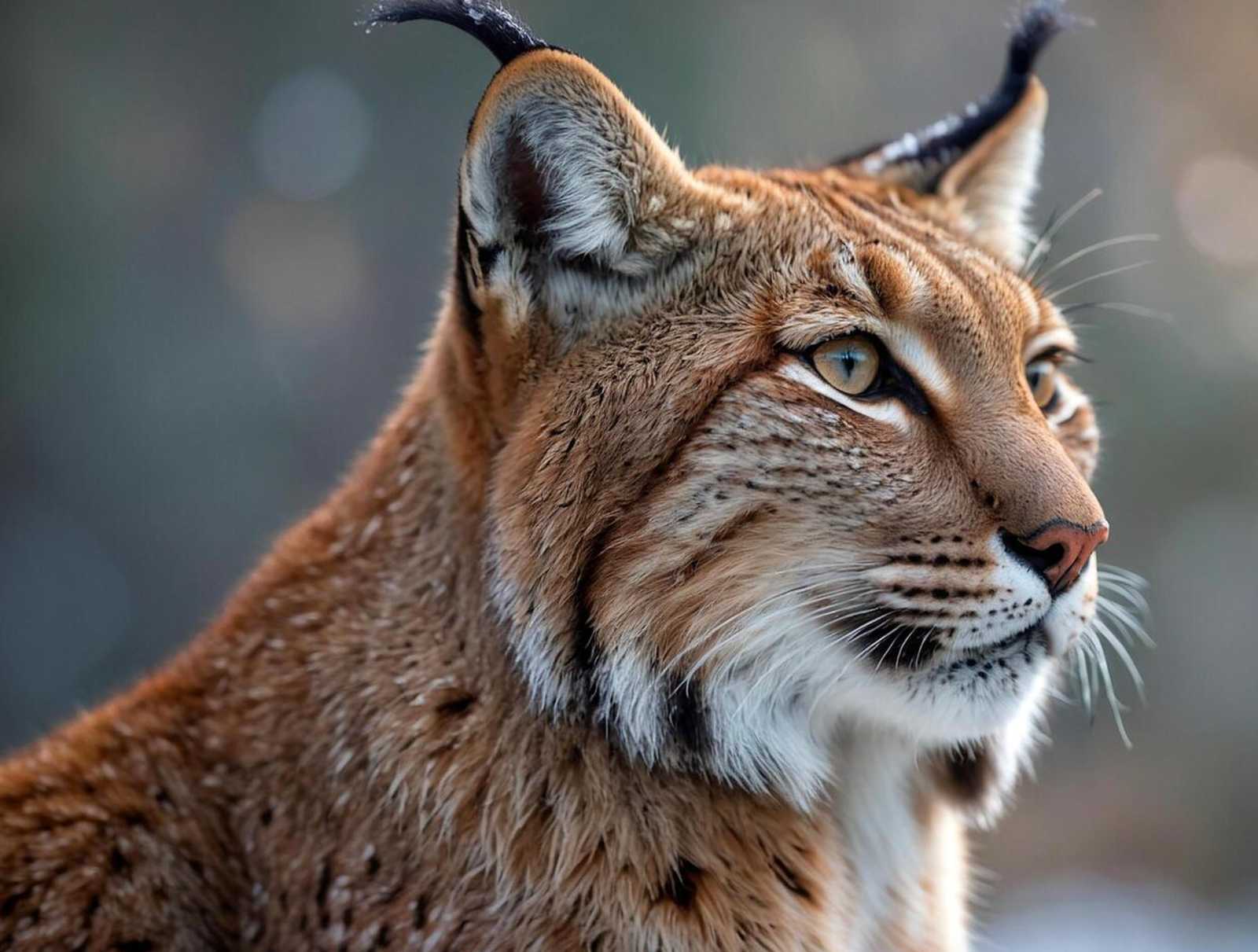 Eurasian lynx walking through snowy Scottish Highland forest habitat