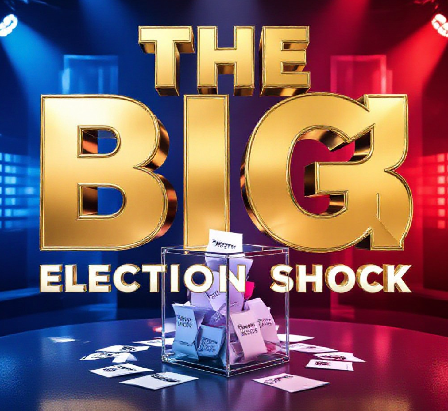 A viral, hyper-realistic YouTube thumbnail with a Kinetic News atmosphere. The background is a Split-Screen Studio Environment matching the story with Dramatic Blue and Red Studio Lighting. The composition uses a Low Angle to focus on the main subject: a Detailed Glass Ballot Box filled with votes. The image features massive 3D typography with strict hierarchy: The Primary Text reads exactly: 'THE BIG 3'. This text is massive, the largest element in the frame, rendered in Gold Chrome to look like a high-budget 3D render. The Secondary Text reads exactly: 'ELECTION SHOCK'. This text is significantly smaller, positioned below or next to the main text. It features a thick, distinct color border/outline (sticker style) to contrast against the background. Make sure text 2 is always different theme, style, effect and border compared to text 1.