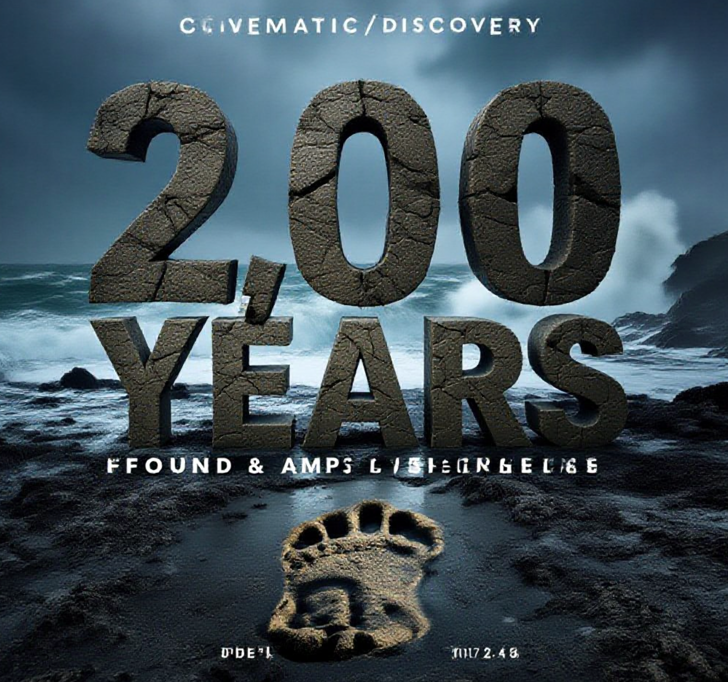 A viral, hyper-realistic YouTube thumbnail with a Cinematic/Discovery atmosphere. The background is a Stormy Scottish Coastline with harsh, moody lighting and crashing waves. The composition uses a Low Angle to focus on the main subject: a Single, Detailed Ancient Footprint in Mud. The image features massive 3D typography with strict hierarchy: The Primary Text reads exactly: '2,000 YEARS'. This text is massive, the largest element in the frame, rendered in Cracked Stone to look like a high-budget 3D render. The Secondary Text reads exactly: 'FOUND & LOST'. This text is significantly smaller, positioned below or next to the main text. It features a thick, distinct color border/outline (sticker style) to contrast against the background. Make sure text 2 is always different theme, style, effect and border compared to text 1.