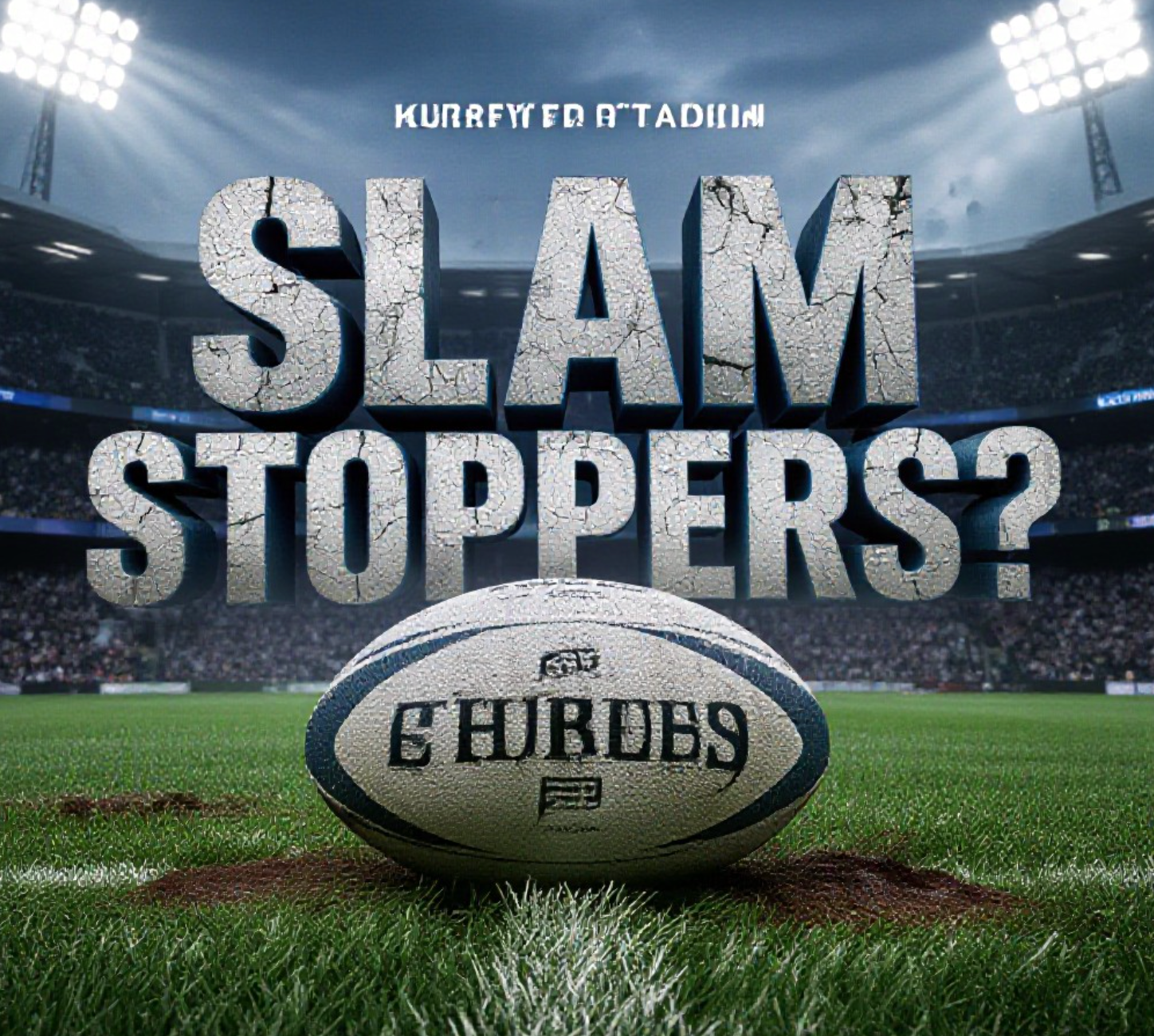 A viral, hyper-realistic YouTube thumbnail with a Kinetic Sports atmosphere. The background is a packed Murrayfield Stadium with dramatic floodlights cutting through a misty Edinburgh afternoon. The composition uses a Low Angle to focus on the main subject: a Dirty, Muddy Rugby Ball resting on the grass. The image features massive 3D typography with strict hierarchy: The Primary Text reads exactly: 'SLAM STOPPERS?'. This text is massive, the largest element in the frame, rendered in Cracked Stone with Blue glowing edges to look like a high-budget 3D render. The Secondary Text reads exactly: 'SCOTLAND VS FRANCE'. This text is significantly smaller, positioned below or next to the main text. It features a thick, distinct white border/outline (sticker style) to contrast against the background. Make sure text 2 is always different theme, style, effect and border compared to text 1.