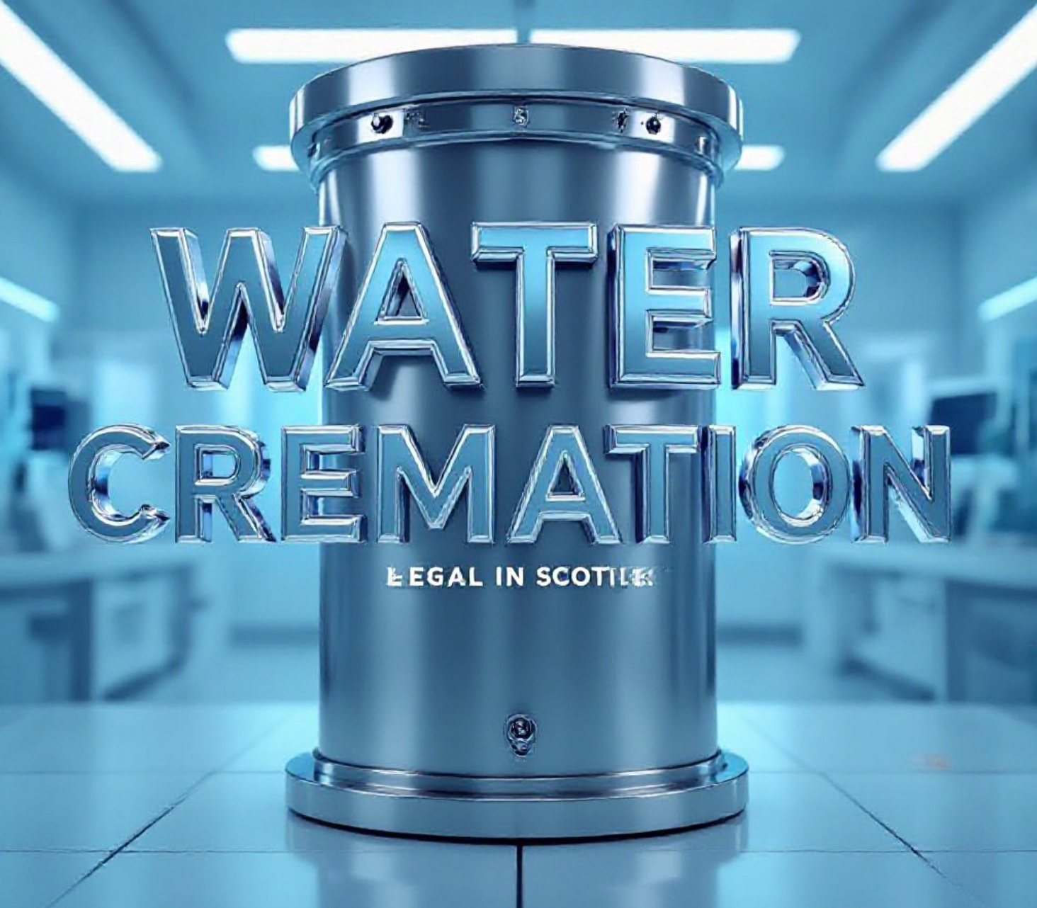 A viral, hyper-realistic YouTube thumbnail with a Science/Medical atmosphere. The background is a sterile, high-tech laboratory environment with soft blue clinical lighting. The composition uses a Low Angle to focus on the main subject: a pristine, cylindrical Stainless Steel Chamber used for hydrolysis. The image features massive 3D typography with strict hierarchy: The Primary Text reads exactly: 'WATER CREMATION'. This text is massive, the largest element in the frame, rendered in Chrome Liquid to look like a high-budget 3D render. The Secondary Text reads exactly: 'LEGAL IN SCOTLAND'. This text is significantly smaller, positioned below or next to the main text. It features a thick, distinct neon blue border/outline (sticker style) to contrast against the background. Make sure text 2 is always different theme, style, effect and border compared to text 1.