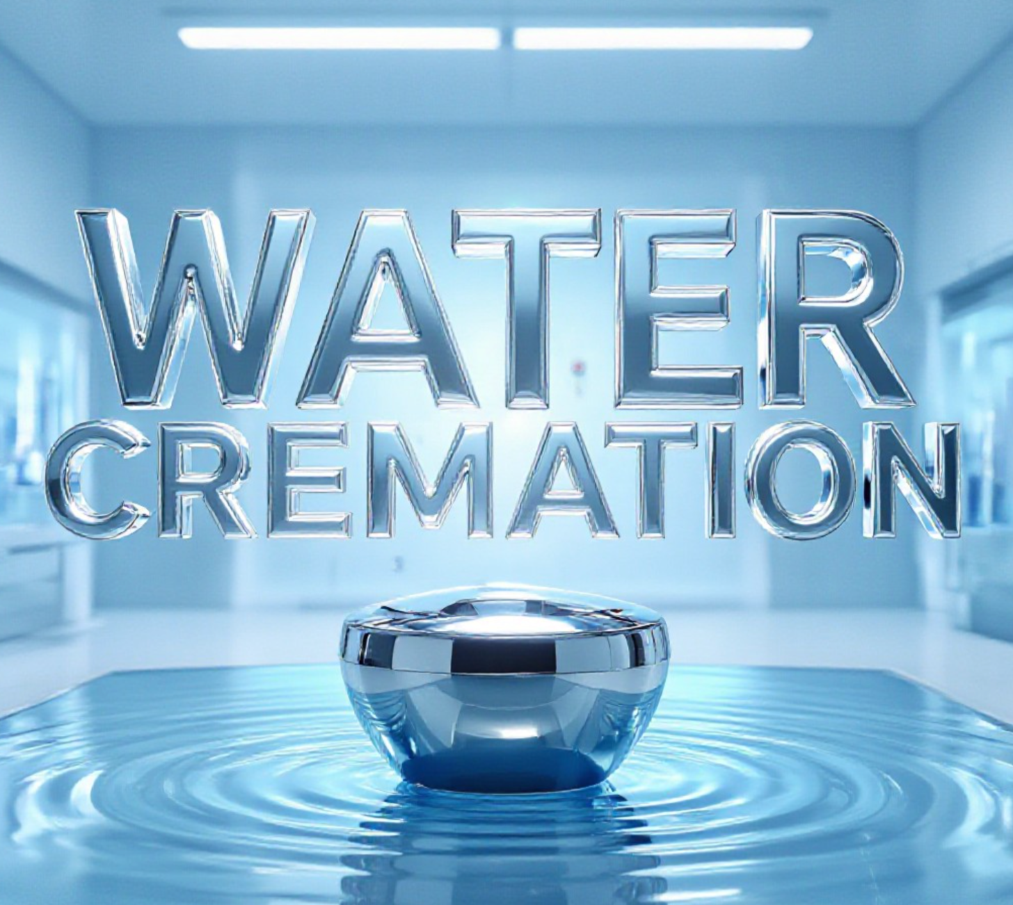 A viral, hyper-realistic YouTube thumbnail with a Sleek Tech and Serene Nature atmosphere. The background is a clean, modern laboratory setting with soft blue ambient lighting and water ripple effects. The composition uses a Low Angle to focus on the main subject: a pristine, chrome and glass Water Cremation Vessel. The image features massive 3D typography with strict hierarchy: The Primary Text reads exactly: 'WATER CREMATION'. This text is massive, the largest element in the frame, rendered in Liquid Chrome to look like a high-budget 3D render. The Secondary Text reads exactly: 'LEGAL IN SCOTLAND'. This text is significantly smaller, positioned below the main text. It features a thick, distinct neon blue border/outline (sticker style) to contrast against the background. Make sure text 2 is always different theme, style, effect and border compared to text 1.