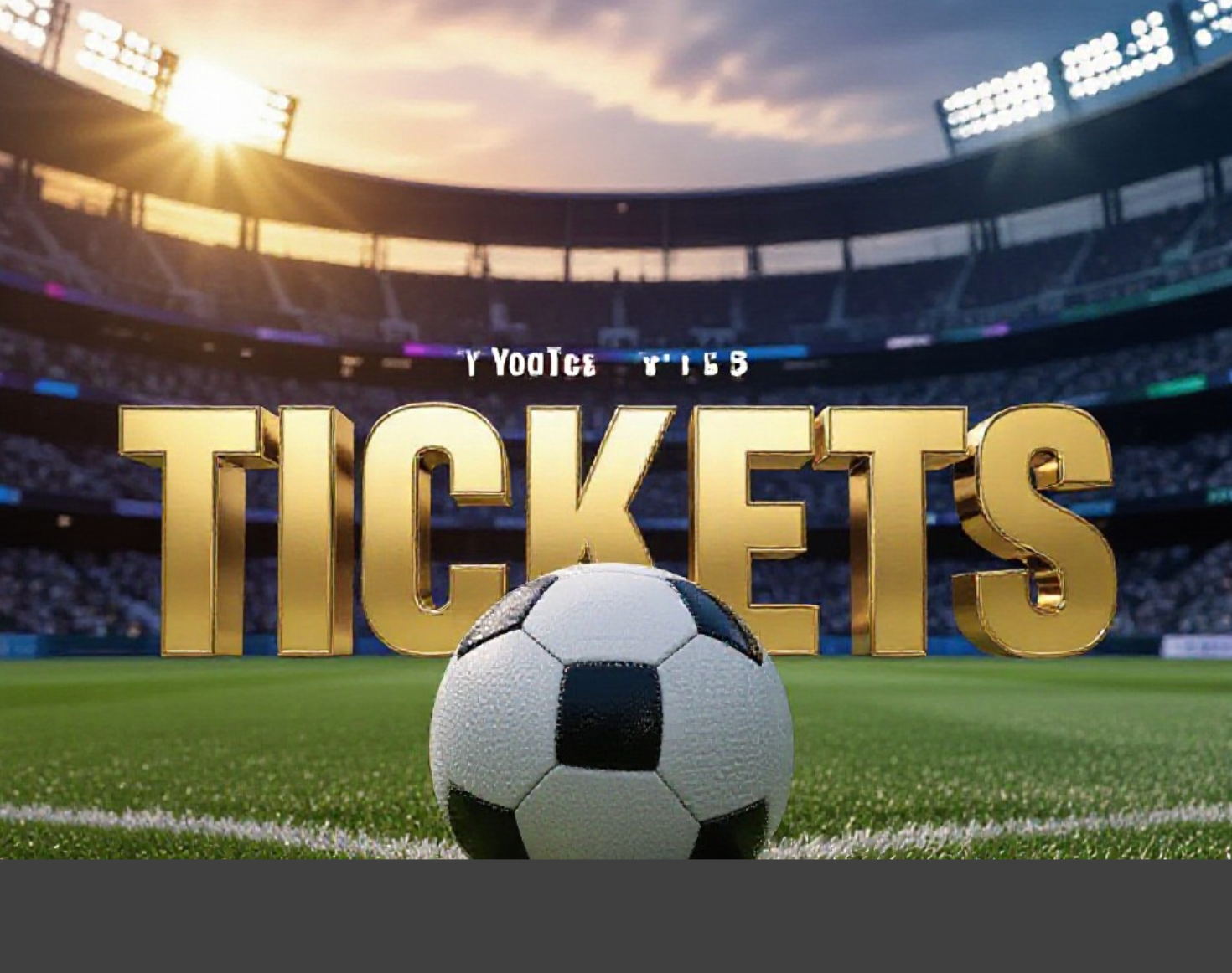 A viral, hyper-realistic YouTube thumbnail with a Kinetic Sports atmosphere. The background is a massive, packed modern US stadium at sunset with split lighting—yellow/green on one side, dark blue on the other. The composition uses a Low Angle to focus on the main subject: a detailed Faceless Soccer Ball resting on the grass turf. The image features massive 3D typography with strict hierarchy: The Primary Text reads exactly: 'TICKETS'. This text is massive, the largest element in the frame, rendered in Gold Chrome to look like a high-budget 3D render. The Secondary Text reads exactly: 'SCOTLAND VS BRAZIL'. This text is significantly smaller, positioned below the main text. It features a thick, distinct white border/outline (sticker style) to contrast against the pitch. Make sure text 2 is always different theme, style, effect and border compared to text 1. The text materials correspond to the story's concept. Crucial Instruction: There is absolutely NO other text, numbers, watermarks, or subtitles in this image other than these two specific lines. 8k, Unreal Engine 5, cinematic render