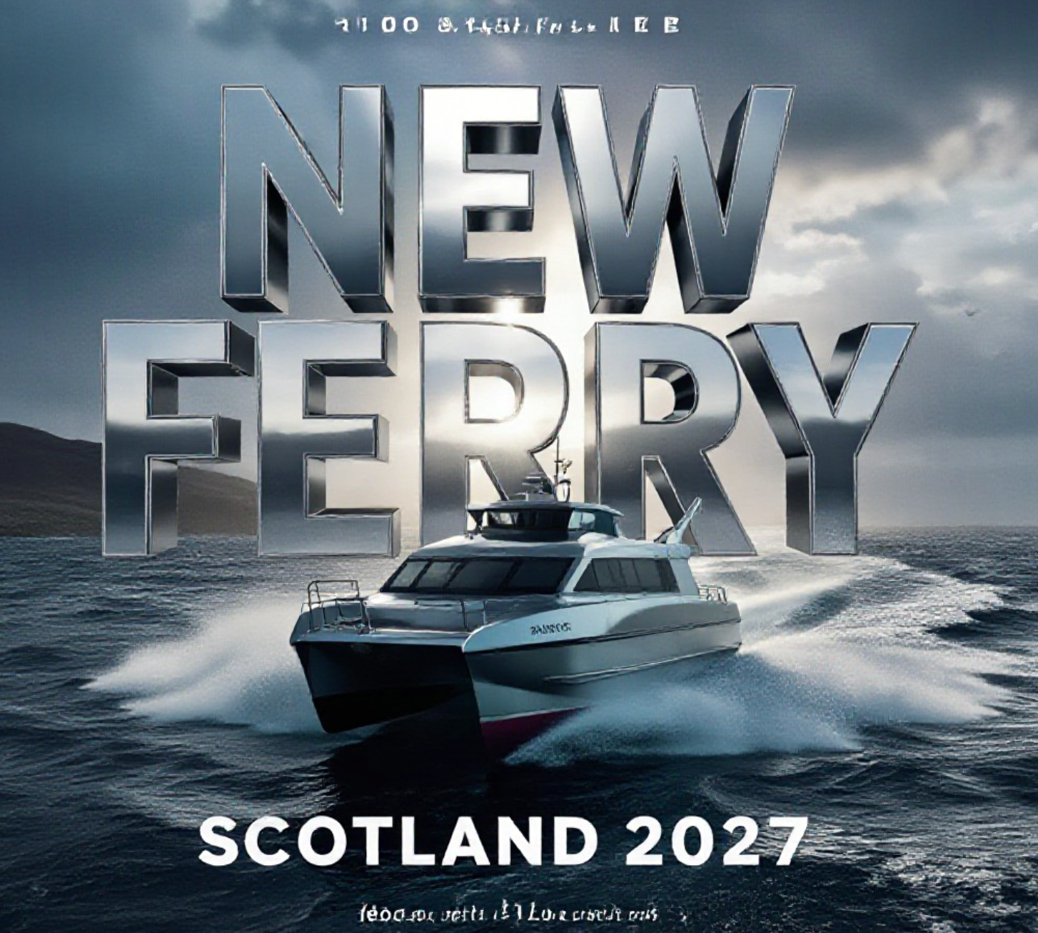 A viral, hyper-realistic YouTube thumbnail with a Moody Maritime atmosphere. The background is a Stormy Scottish Coastline with Dramatic Sunlight breaking through clouds. The composition uses a Low Angle to focus on the main subject: a Sleek Aluminium Catamaran Ferry cutting through waves. The image features massive 3D typography with strict hierarchy: The Primary Text reads exactly: 'NEW FERRY'. This text is massive, the largest element in the frame, rendered in Chrome to look like a high-budget 3D render. The Secondary Text reads exactly: 'SCOTLAND 2027'. This text is significantly smaller, positioned below or next to the main text. It features a thick, distinct color border/outline (sticker style) to contrast against the background. Make sure text 2 is always different theme, style, effect and border compared to text 1.