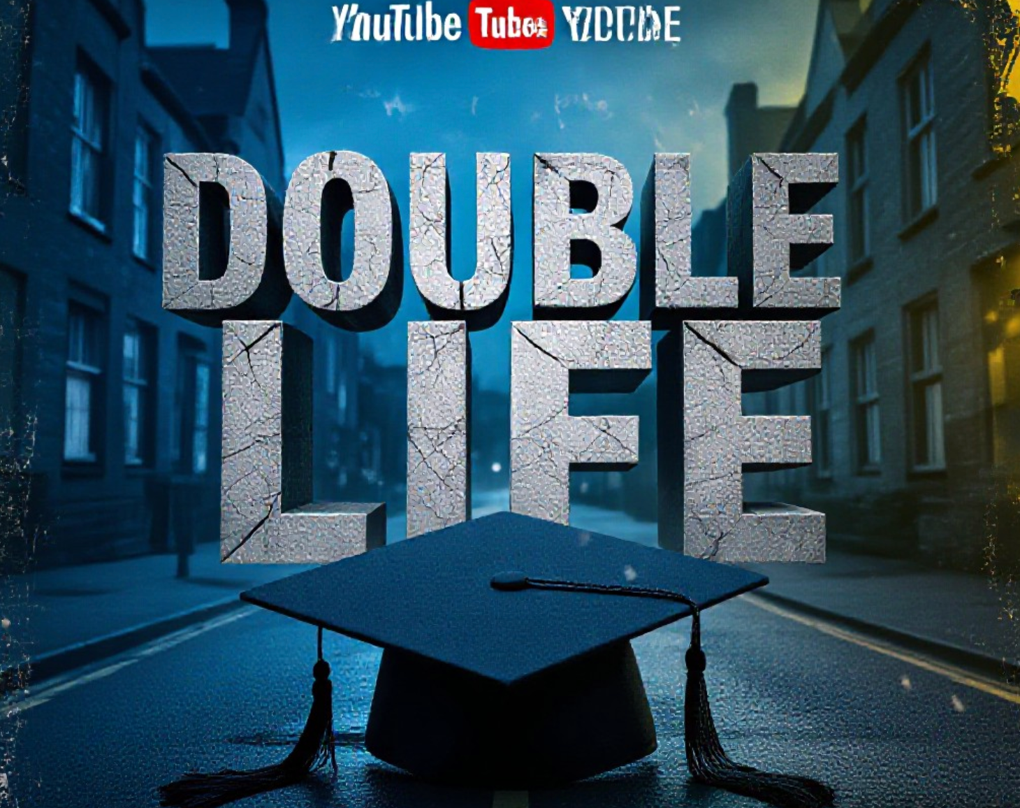 A viral, hyper-realistic YouTube thumbnail with a Cold Cinematic atmosphere. The background is a Gloomy Scottish University Street mixed with subtle war-torn overlay with Blue and Yellow Ambient Lighting. The composition uses a Low Angle to focus on the main subject: a Cracked University Graduation Cap. The image features massive 3D typography with strict hierarchy: The Primary Text reads exactly: 'DOUBLE LIFE'. This text is massive, the largest element in the frame, rendered in Concrete and Steel to look like a high-budget 3D render. The Secondary Text reads exactly: 'VISA LIMBO'. This text is significantly smaller, positioned below or next to the main text. It features a thick, distinct color border/outline (sticker style) to contrast against the background. Make sure text 2 is always different theme, style, effect and border compared to text 1.
