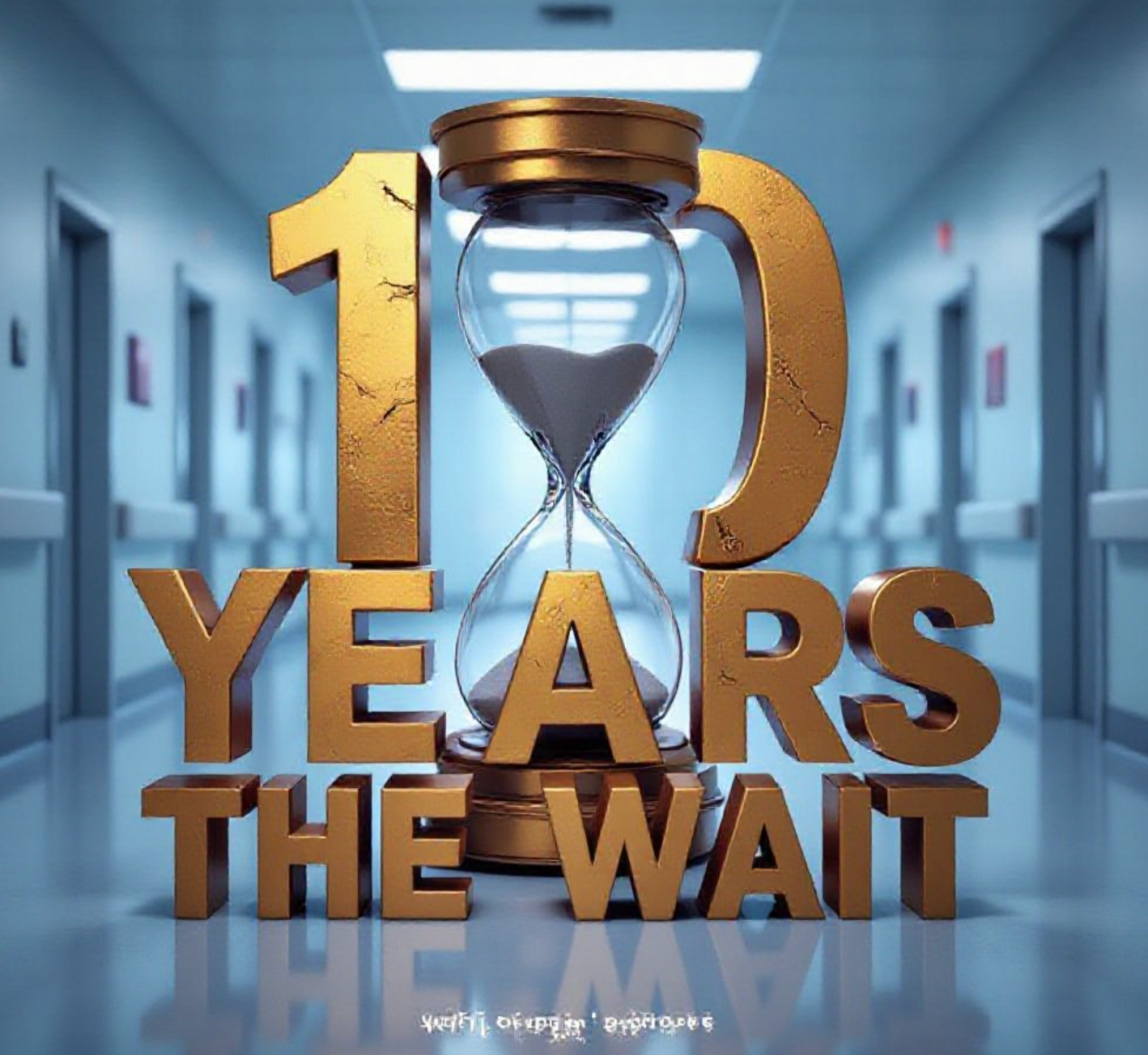 A viral, hyper-realistic YouTube thumbnail with a Clinical and Urgent atmosphere. The background is a Sterile Hospital Hallway with Cool, Dim Lighting. The composition uses a Low Angle to focus on the main subject: a Cracked Hourglass. The image features massive 3D typography with strict hierarchy: The Primary Text reads exactly: '10 YEARS'. This text is massive, the largest element in the frame, rendered in Rusted Gold to look like a high-budget 3D render. The Secondary Text reads exactly: 'THE WAIT'. This text is significantly smaller, positioned below or next to the main text. It features a thick, distinct color border/outline (sticker style) to contrast against the background. Make sure text 2 is always different theme, style, effect and border compared to text 1.