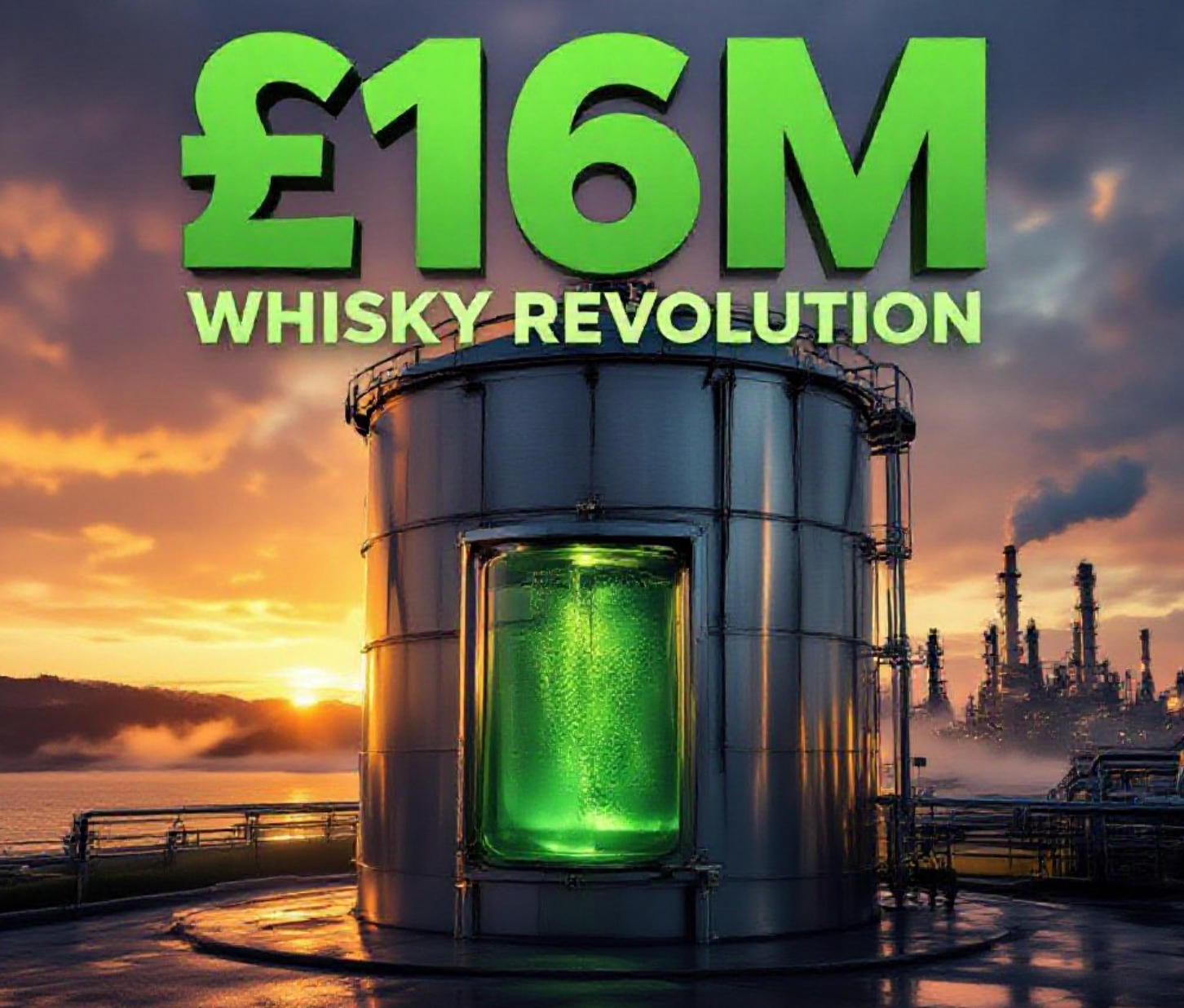 A viral, hyper-realistic YouTube thumbnail with a bold industrial-green atmosphere. The background is the Grangemouth refinery complex at golden hour with dramatic Scottish sky and faint mist rolling off the Firth of Forth. The composition uses a low heroic angle to focus on the main subject: a massive gleaming stainless steel bioreactor tank with emerald-green liquid visibly fermenting inside. Image size should be 3:2. The image features massive 3D typography with strict hierarchy: The Primary Text reads exactly: '£16M WHISKY REVOLUTION'. This text is massive, the largest element in the frame, rendered in liquid chrome-green metal with whisky-like amber glows inside the letters to look like a high-budget 3D render. The Secondary Text reads exactly: 'Grangemouth Goes Green'. This text is significantly smaller, positioned below the main text with thick white outline and electric green glow border to contrast against the sky. Make sure text 2 is always different theme, style, effect and border compared to text 1. The text materials correspond to the story's concept. Crucial Instruction: There is absolutely NO other text, numbers, watermarks, or subtitles in this image other than these two specific lines. 8k, Unreal Engine 5, cinematic render