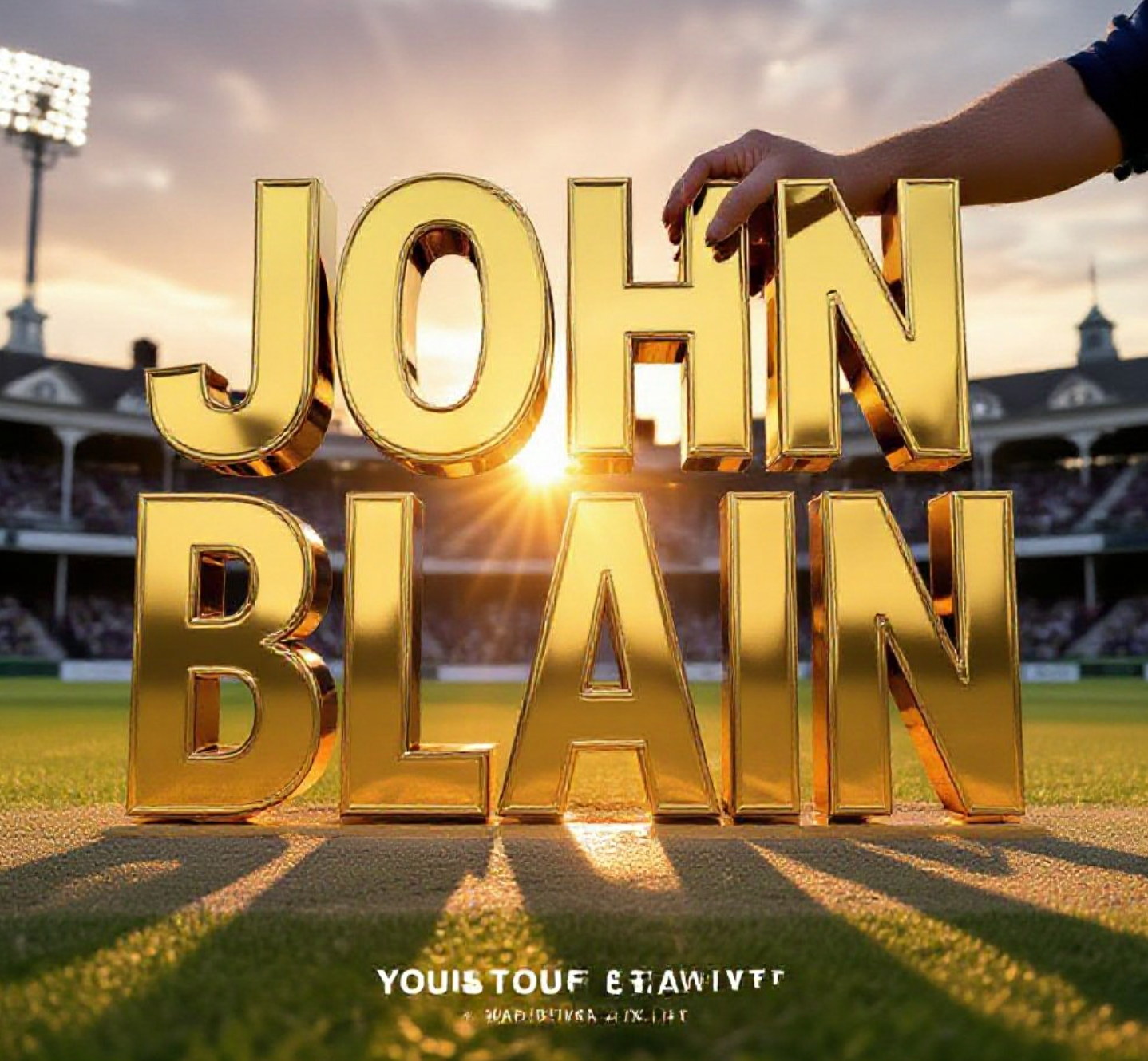 A viral, hyper-realistic YouTube thumbnail with a triumphant sports atmosphere. The background is the historic Grange cricket ground in Edinburgh at golden hour with warm sunlight streaming across the pitch. The composition uses a dramatic low angle to focus on the main subject: a gleaming Scottish Cricket Hall of Fame plaque being polished by an unseen hand. Image size should be 3:2. The image features massive 3D typography with strict hierarchy: The Primary Text reads exactly: 'JOHN BLAIN'. This text is massive, the largest element in the frame, rendered in polished gold chrome with subtle Scottish saltire engraving to look like a high-budget 3D render. The Secondary Text reads exactly: 'REINSTATED'. This text is significantly smaller, positioned below the main text with electric blue glow and thick white sticker-style outline to contrast against the background. Make sure text 2 is always different theme, style, effect and border compared to text 1. The text materials correspond to the story's concept. Crucial Instruction: There is absolutely NO other text, numbers, watermarks, or subtitles in this image other than these two specific lines. 8k, Unreal Engine 5, cinematic render.