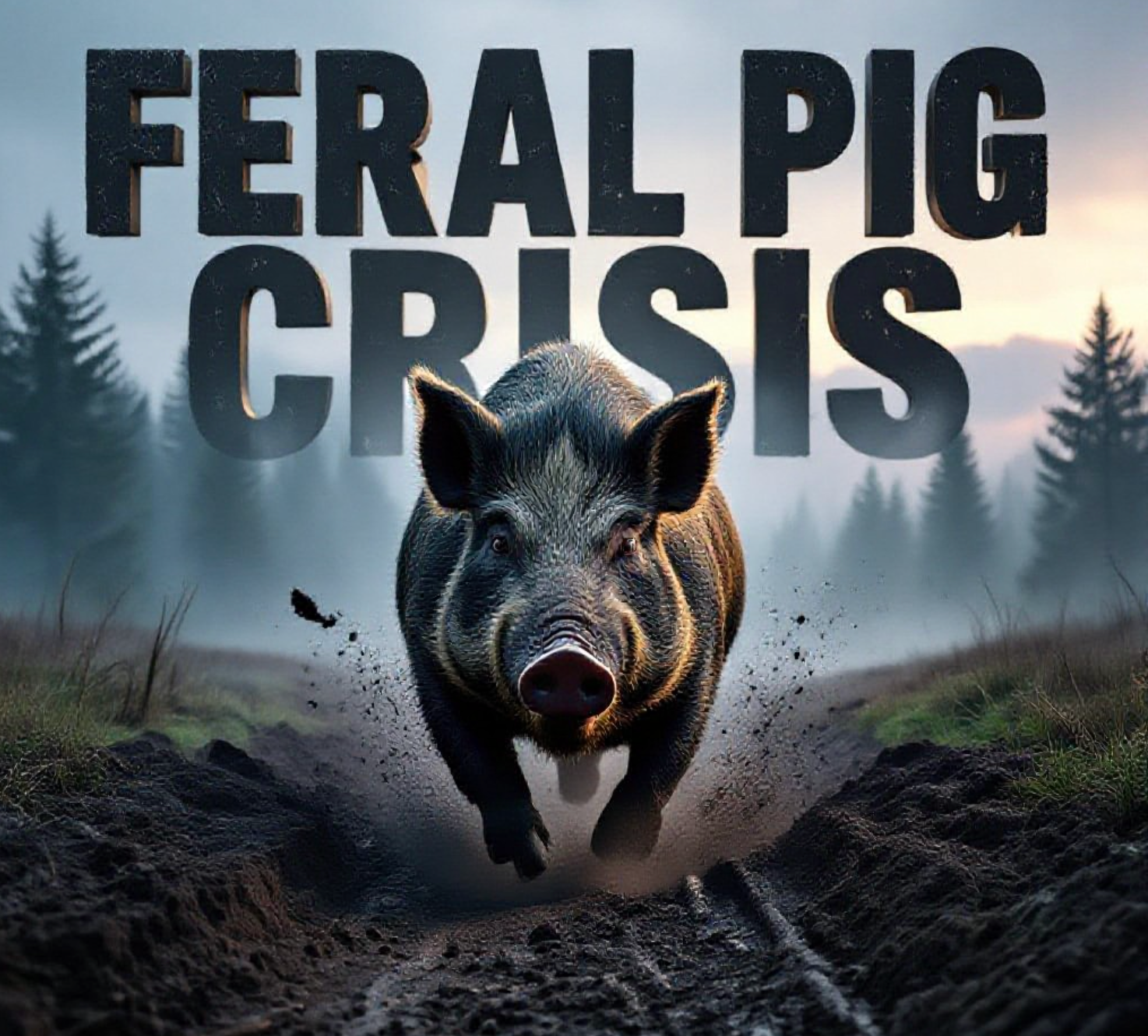 A viral, hyper-realistic YouTube thumbnail with a dark, moody Scottish Highlands atmosphere. The background is a misty pine forest at dawn with fresh earth torn up in huge patches of mud and roots. The composition uses a dramatic low-angle shot to focus on the main subject: a massive, aggressive feral pig with mud-caked bristles charging toward camera. Image size should be 3:2.
The image features massive 3D typography with strict hierarchy:
The Primary Text reads exactly: 'FERAL PIG CRISIS'. This text is massive, the largest element in the frame, rendered in weathered rusted iron with glowing orange edges to look like a high-budget 3D render.
The Secondary Text reads exactly: 'SCOTLAND UNDER SIEGE'. This text is significantly smaller, positioned below the main text. It features a thick, blood-red border/outline (sticker style) to contrast against the background. Make sure text 2 is always different theme, style, effect and border compared to text 1.