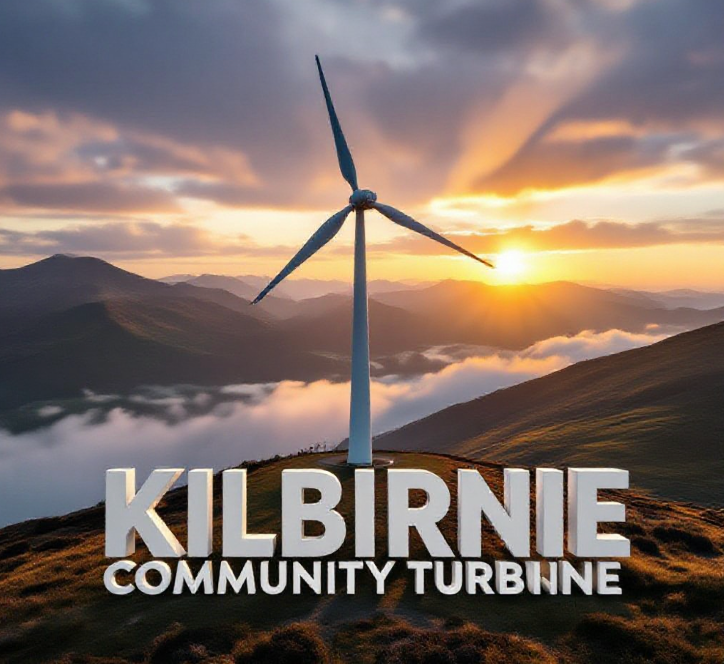 A viral, hyper-realistic YouTube thumbnail with a triumphant green renewable energy atmosphere. The background is dramatic Scottish hills at golden hour with sweeping clouds and soft god rays cutting through mist. The composition uses a dramatic low angle to focus on the main subject: a majestic 2.5 MW wind turbine standing alone on the hillside, blades proudly turning. Image size should be 3:2.
The image features massive 3D typography with strict hierarchy:
The Primary Text reads exactly: 'KILBIRNIE COMMUNITY TURBINE'. This text is massive, the largest element in the frame, rendered in polished chrome with subtle green glow edges to look like a high-budget 3D render.
The Secondary Text reads exactly: 'FIRST SUBSIDY-FREE IN SCOTLAND'. This text is significantly smaller, positioned below the main text. It features a thick white sticker-style border with slight red outline to contrast against the sky. Make sure text 2 is always different theme, style, effect and border compared to text 1