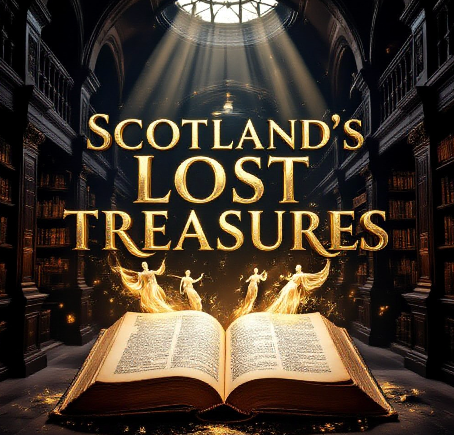 A viral, hyper-realistic YouTube thumbnail with a luxurious antique atmosphere. The background is a dimly lit historic library vault with towering wooden shelves, leather-bound books, and golden dust particles floating in dramatic rays of light. The composition uses a dramatic low-angle shot to focus on the main subject: an ancient open book with glowing hand-illuminated pages and floating mythical figures emerging in ethereal light. Image size should be 3:2.
The image features massive 3D typography with strict hierarchy:
The Primary Text reads exactly: 'Scotland's Lost Treasures'. This text is massive, the largest element in the frame, rendered in molten gold with intricate Celtic-inspired embossing to look like a high-budget cinematic render.
The Secondary Text reads exactly: 'Finally Revealed'. This text is significantly smaller, positioned below the main text. It features a thick glowing crimson outline with subtle fire particles to contrast against the background. Make sure text 2 is always different theme, style, effect and border compared to text 1.