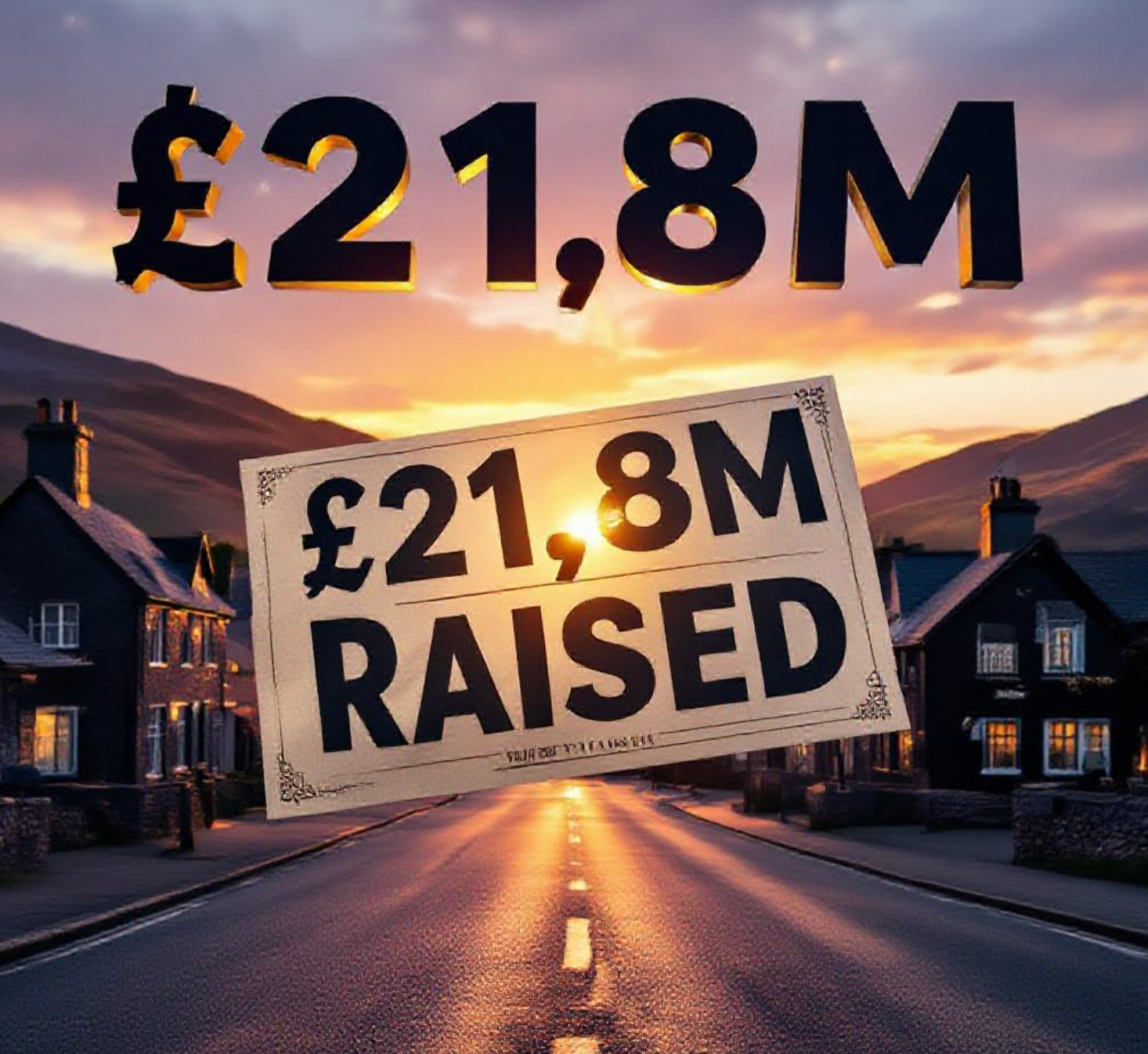 A viral, hyper-realistic YouTube thumbnail with a warm, triumphant Scottish atmosphere. The background is a golden-hour Highland village with the Glenuig Inn glowing in sunset light, Scottish hills behind, subtle Saltire colours in the sky. The composition uses a dramatic low angle to focus on the main subject: a large, weathered community share certificate floating forward like a proud banner. Image size should be 3:2.
The image features massive 3D typography with strict hierarchy:
The Primary Text reads exactly: '£21.8M RAISED'. This text is massive, the largest element in the frame, rendered in polished gold with Celtic knot embossing to look like a high-budget 3D render.
The Secondary Text reads exactly: 'BY COMMUNITIES'. This text is significantly smaller, positioned below the main text. It features a thick white border with subtle tartan texture outline to contrast against the background. Make sure text 2 is always different theme, style, effect and border compared to text 1.