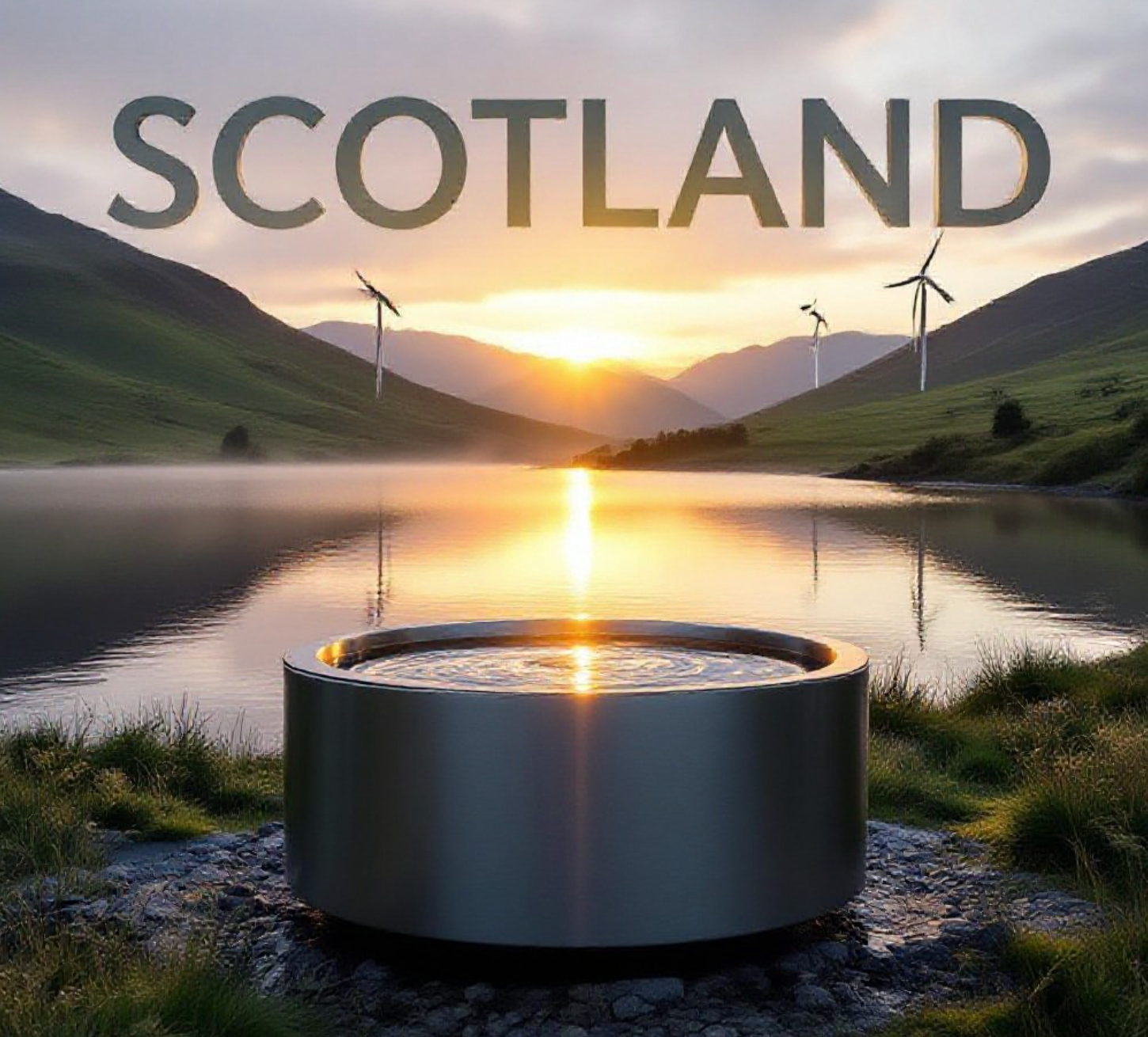 A viral, hyper-realistic YouTube thumbnail with a serene, eco-conscious Scottish atmosphere. The background is a misty Highland loch at dawn with soft emerald hills and wind turbines on the horizon, warm golden sunlight breaking through. The composition uses a low, reverent camera angle to focus on the main subject: a sleek, modern stainless-steel water cremation vessel gently glowing with soft internal light, water droplets on its surface catching the sunrise. Image size should be 3:2.
The image features massive 3D typography with strict hierarchy:
The Primary Text reads exactly: 'SCOTLAND'. This text is massive, the largest element in the frame, rendered in polished Scottish granite with subtle emerald-green veins to look like a high-budget 3D render.
The Secondary Text reads exactly: 'LEGALIZES WATER CREMATION'. This text is significantly smaller, positioned below the main text. It features a thick, glowing white border/outline with gentle water ripple effect to contrast against the background. Make sure text 2 is always different theme, style, effect and border compared to text 1.