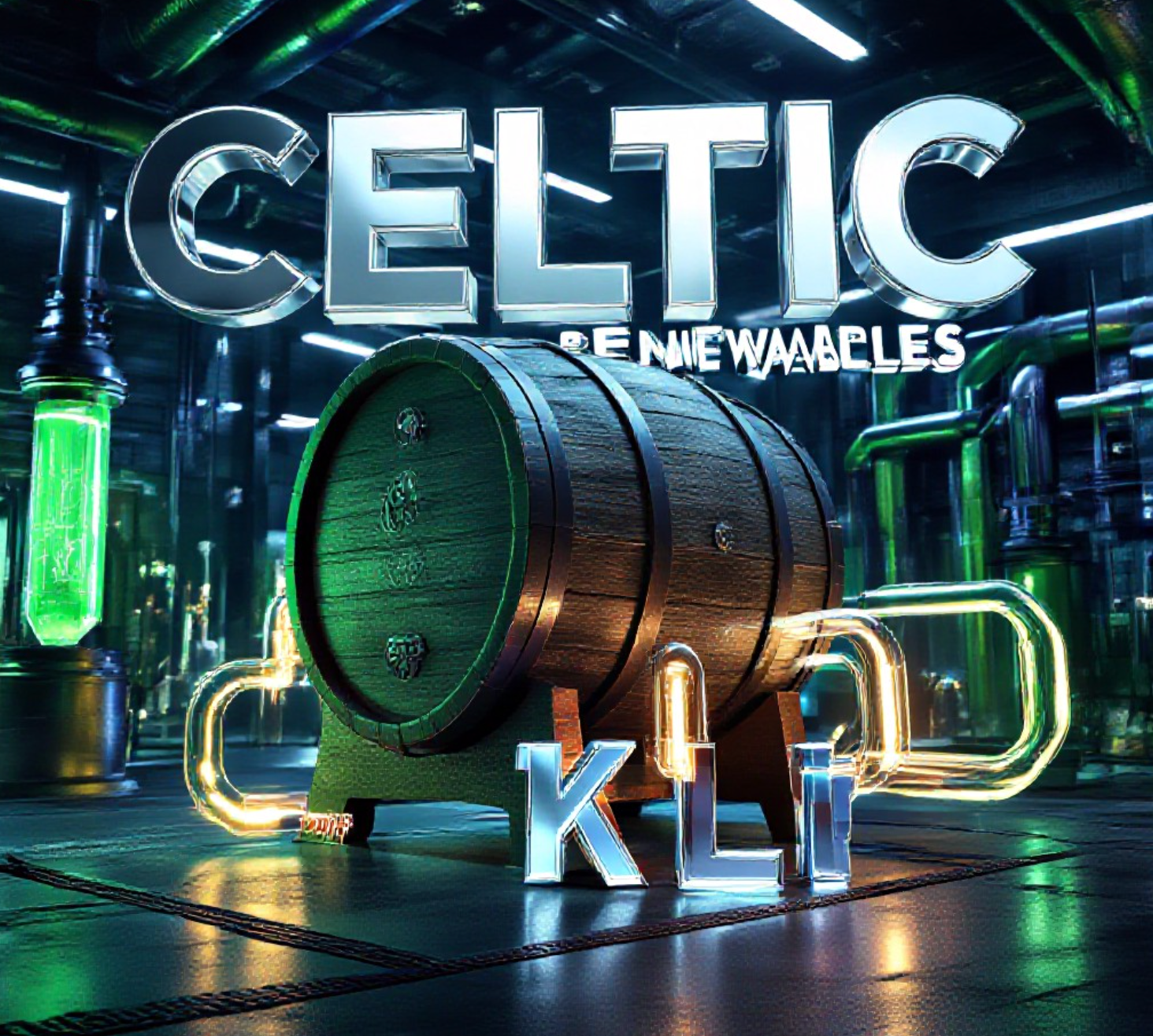 A viral, hyper-realistic YouTube thumbnail with a Tech atmosphere. The background is a futuristic industrial laboratory with glowing green fluid pipes and ambient neon lighting. The composition uses a Low Angle to focus on the main subject: a massive 3D metallic whisky barrel connected to glowing glass tubes. Image size should be 3:2. The image features massive 3D typography with strict hierarchy: The Primary Text reads exactly: 'CELTIC RENEWABLES'. This text is massive, the largest element in the frame, rendered in Chrome to look like a high-budget 3D render. The Secondary Text reads exactly: '$20M BOOST'. This text is significantly smaller, positioned below the main text. It features a thick, distinct neon green border to contrast against the background. Make sure text 2 is always different theme, style, effect and border compared to text 1. The text materials correspond to the story's concept. Crucial Instruction: There is absolutely NO other text, numbers, watermarks, or subtitles in this image other than these two specific lines. 8k, Unreal Engine 5, cinematic render.