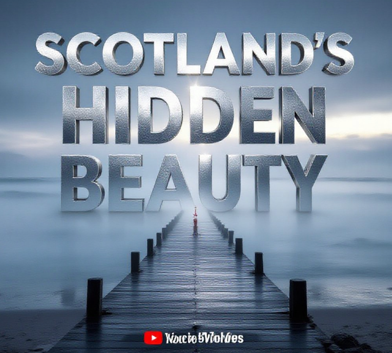 A viral, hyper-realistic YouTube thumbnail with a moody Scottish coastal atmosphere. The background is thick sea mist rolling over Portobello beach at dawn with soft blue-gray tones and subtle golden light breaking through. The composition uses a dramatic low-angle shot to focus on the main subject: a long wooden pier vanishing into the fog with a lone red navigation marker. Image size should be 3:2.
The image features massive 3D typography with strict hierarchy:
The Primary Text reads exactly: 'Scotland’s Hidden Beauty'. This text is massive, the largest element in the frame, rendered in brushed silver chrome with subtle Scottish mist particles to look like a high-budget 3D render.
The Secondary Text reads exactly: 'Reader Photos That Stun'. This text is significantly smaller, positioned below the main text. It features a thick electric-blue glowing border to contrast against the misty background. Make sure text 2 is always different theme, style, effect and border compared to text 1
