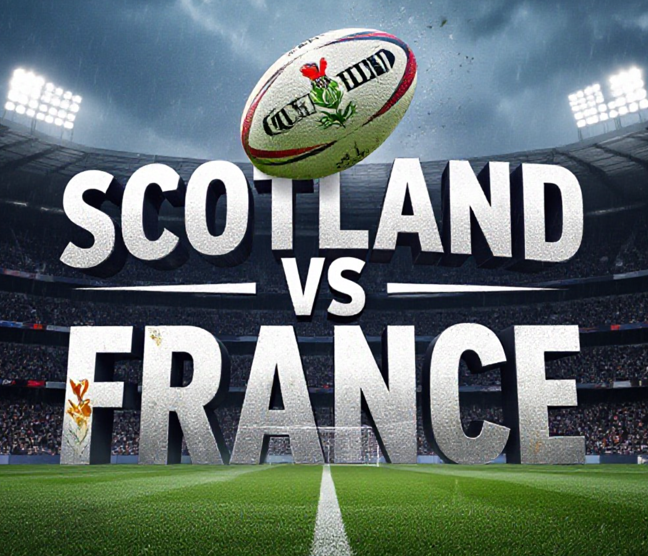 A viral, hyper-realistic YouTube thumbnail with a kinetic sports atmosphere. The background is a packed, roaring Murrayfield Stadium under dramatic dark Scottish skies with rain starting to fall and floodlights cutting through the mist. The composition uses a dramatic low angle to focus on the main subject: a battered match ball flying through the air with Scottish thistle and French rooster symbols burned into the leather. Image size should be 3:2. The image features massive 3D typography with strict hierarchy: The Primary Text reads exactly: 'SCOTLAND vs FRANCE'. This text is massive, the largest element in the frame, rendered in polished chrome with deep blue and red glow edges to look like a high-budget 3D render. The Secondary Text reads exactly: 'LIVE SIX NATIONS 2026'. This text is significantly smaller, positioned below the main text with a thick white sticker-style outline and slight drop shadow to pop against the stormy background. The text materials correspond to the story's concept. Crucial Instruction: There is absolutely NO other text, numbers, watermarks, or subtitles in this image other than these two specific lines. 8k, Unreal Engine 5, cinematic render