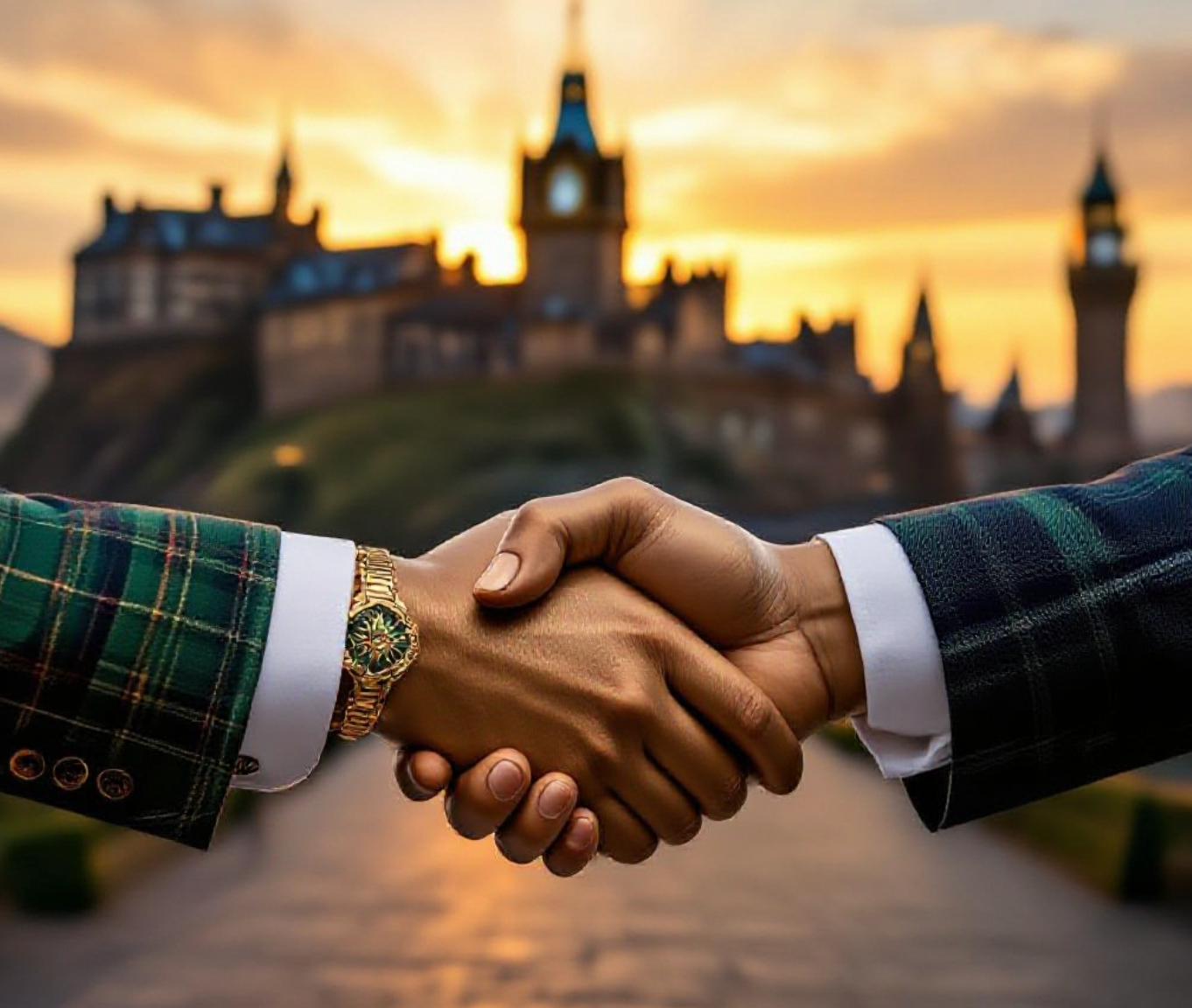 A viral, hyper-realistic YouTube thumbnail with a luxurious gold and emerald business atmosphere. The background is a dramatic fusion of Edinburgh Castle silhouette at sunset and Mumbai's Gateway of India at golden hour, blended seamlessly with subtle Scottish tartan patterns and Indian mandala motifs in the sky. Warm cinematic lighting with golden rays. The composition uses a powerful low-angle shot to focus on the main subject: two large, faceless bronze hands in a firm handshake, one wearing a subtle thistle-embossed cufflink, the other an intricate lotus cufflink. Image size should be 3:2.
The image features massive 3D typography with strict hierarchy:
The Primary Text reads exactly: 'SCOTLAND ♥ INDIA'. This text is massive, the largest element in the frame, rendered in polished gold chrome with realistic reflections and subtle tartan texture to look like a high-budget 3D render.
The Secondary Text reads exactly: 'HISTORIC TRADE PACT'. This text is significantly smaller, positioned below the main text. It features a thick emerald-green glowing outline with soft shadow to contrast against the golden background. Make sure text 2 is always different theme, style, effect and border compared to text 1.