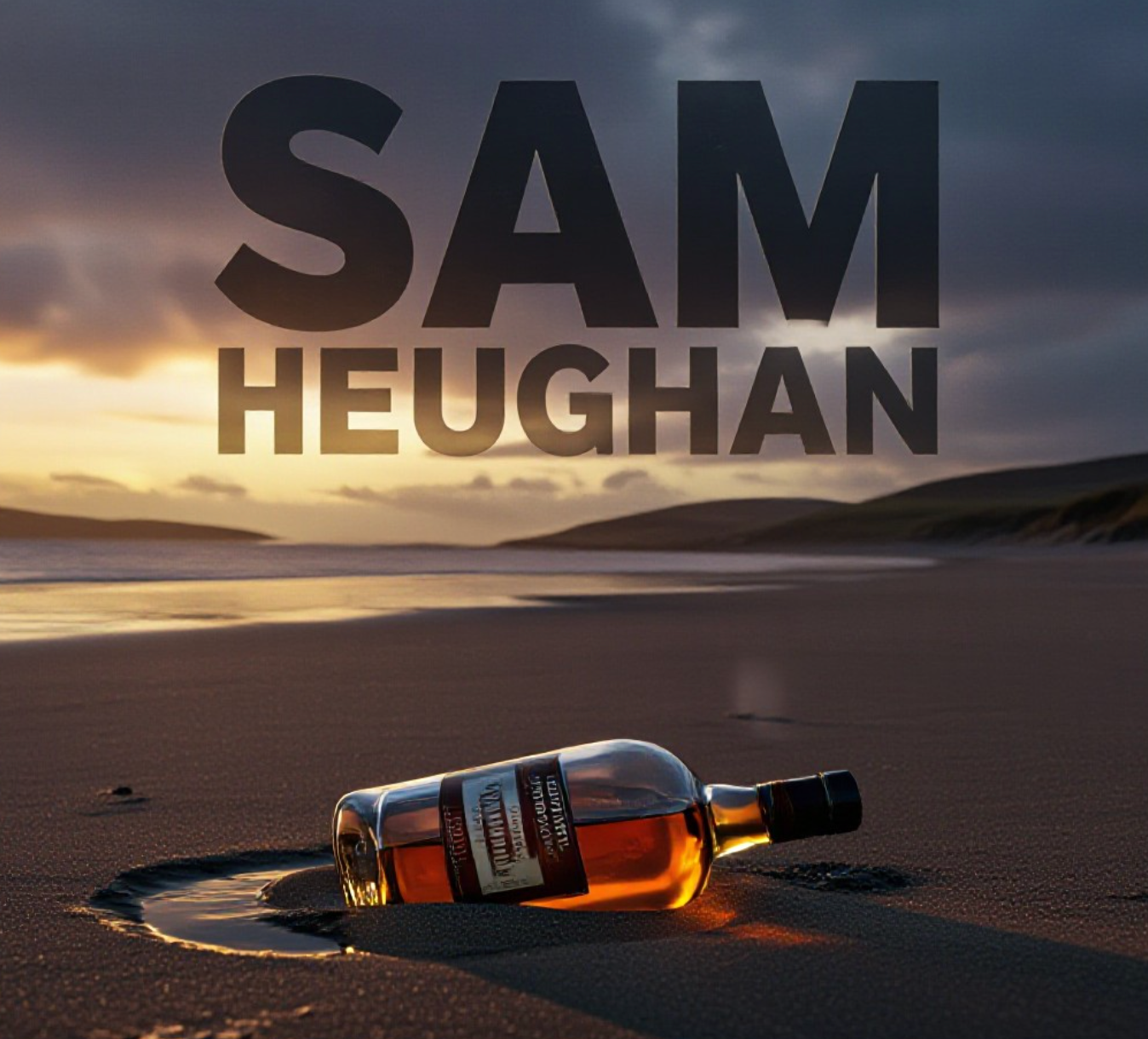 A viral, hyper-realistic YouTube thumbnail with a moody Scottish twilight atmosphere. The background is a vast, empty Solway Firth beach at golden hour with dramatic clouds and distant English hills. The composition uses a low, heroic camera angle to focus on the main subject: a single weathered scotch whisky bottle half-buried in wet sand, catching the last light. Image size should be 3:2.
The image features massive 3D typography with strict hierarchy:
The Primary Text reads exactly: 'SAM HEUGHAN'. This text is massive, the largest element in the frame, rendered in molten gold chrome to look like a high-budget 3D render.
The Secondary Text reads exactly: 'WANTS YOU HERE'. This text is significantly smaller, positioned below the main text. It features a thick white glow border with subtle highland mist effect to contrast against the dark sand. Make sure text 2 is always different theme, style, effect and border compared to text 1.