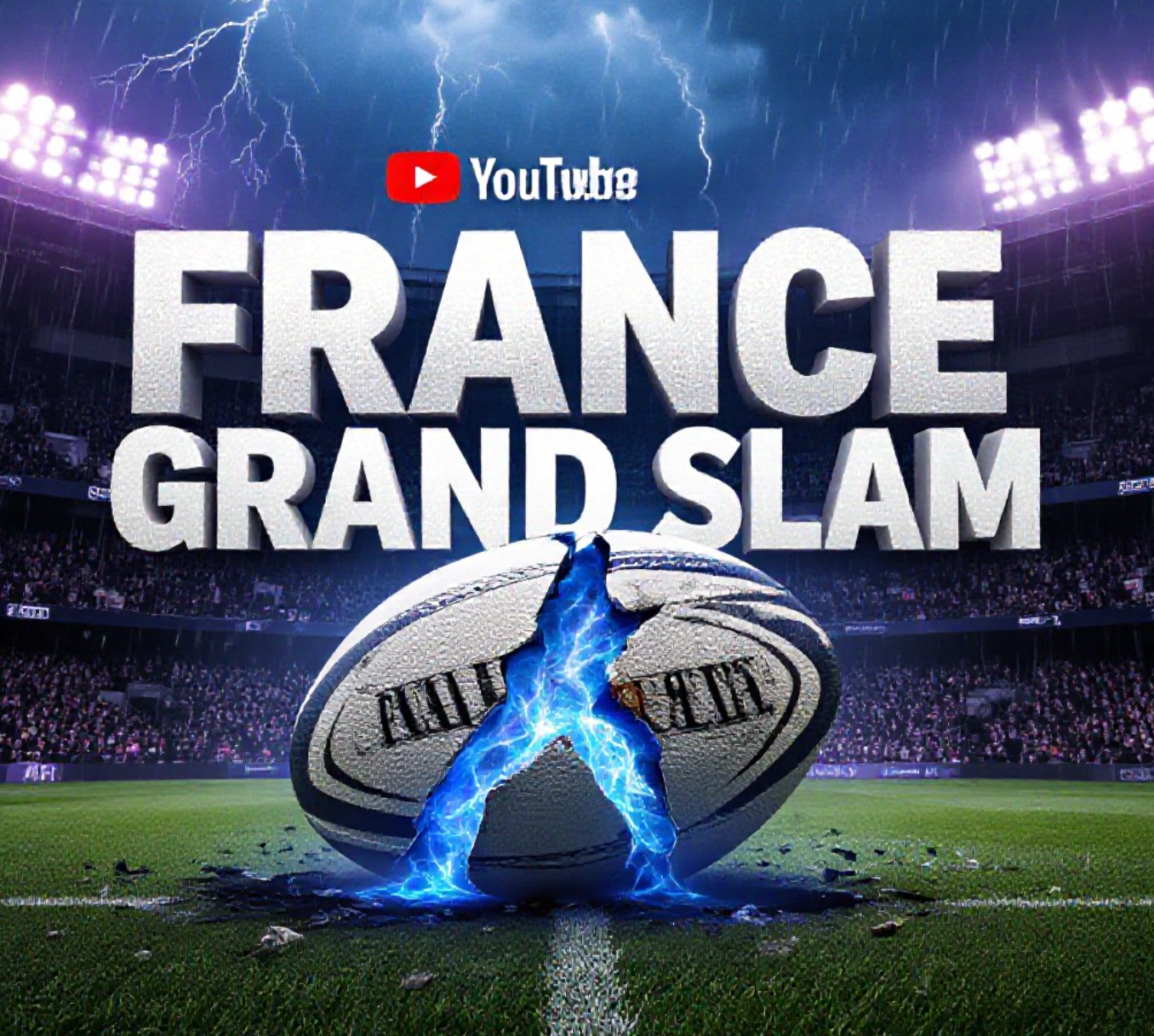 A viral, hyper-realistic YouTube thumbnail with a dark, stormy rugby atmosphere. The background is a rain-lashed Murrayfield stadium packed with roaring fans under dramatic purple and blue floodlights with lightning cracks in the sky. The composition uses a low-angle heroic shot to focus on the main subject: a massive, battered match ball cracked open with blue fire pouring out. Image size should be 3:2. The image features massive 3D typography with strict hierarchy: The Primary Text reads exactly: 'FRANCE GRAND SLAM'. This text is massive, the largest element in the frame, rendered in burning chrome and blue fire to look like a high-budget 3D render. The Secondary Text reads exactly: 'UNDER THREAT'. This text is significantly smaller, positioned below the main text. It features a thick white outline with red glow sticker style to contrast against the background. Make sure text 2 is always different theme, style, effect and border compared to text 1