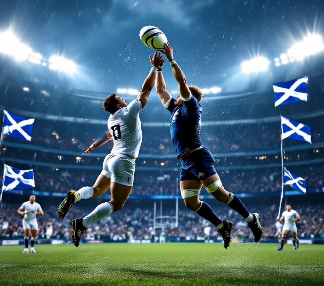 A viral, hyper-realistic YouTube thumbnail with a kinetic sports atmosphere. The background is a packed Murrayfield stadium under dramatic floodlights with Scottish saltire flags waving and rain in the air. The composition uses a low dramatic angle to focus on the main subject: two rugby players in mid-air collision going for a high ball, shown as powerful silhouettes only with no faces visible, one in white England jersey, one in dark blue Scotland jersey, moment frozen at impact with motion blur and flying water droplets. Image size should be 3:2.
The image features massive 3D typography with strict hierarchy:
The Primary Text reads exactly: 'ARUNDELL SENT OFF'. This text is massive, the largest element in the frame, rendered in glowing red chrome with cracked texture effect to look like a premium 3D render.
The Secondary Text reads exactly: 'HORROR CLASH'. This text is significantly smaller, positioned below the main text with thick white outline and red drop shadow in sticker style to pop against the dark background. Make sure text 2 is always different theme, style, effect and border compared to text 1