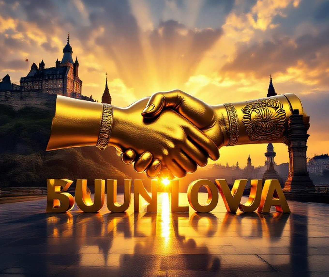 A viral, hyper-realistic YouTube thumbnail with a bold corporate-power vibe atmosphere. The background is a dramatic fusion of Edinburgh Castle silhouetted against a golden Indian sunset with the Gateway of India subtly visible in reflection, warm cinematic lighting with rays breaking through clouds. The composition uses a powerful low-angle shot to focus on the main subject: a gleaming golden handshake formed by two massive 3D metallic hands, one with Scottish thistle engraving, the other with Indian lotus motif. Image size should be 3:2. The image features massive 3D typography with strict hierarchy: The Primary Text reads exactly: 'SCOTLAND + INDIA'. This text is massive, the largest element in the frame, rendered in premium liquid gold chrome to look like a high-budget 3D render. The Secondary Text reads exactly: 'TRADE DEAL SIGNED'. This text is significantly smaller, positioned below the main text. It features a thick electric-blue glowing outline with pulsing energy effect to contrast against the golden background. Make sure text 2 is always different theme, style, effect and border compared to text 1.