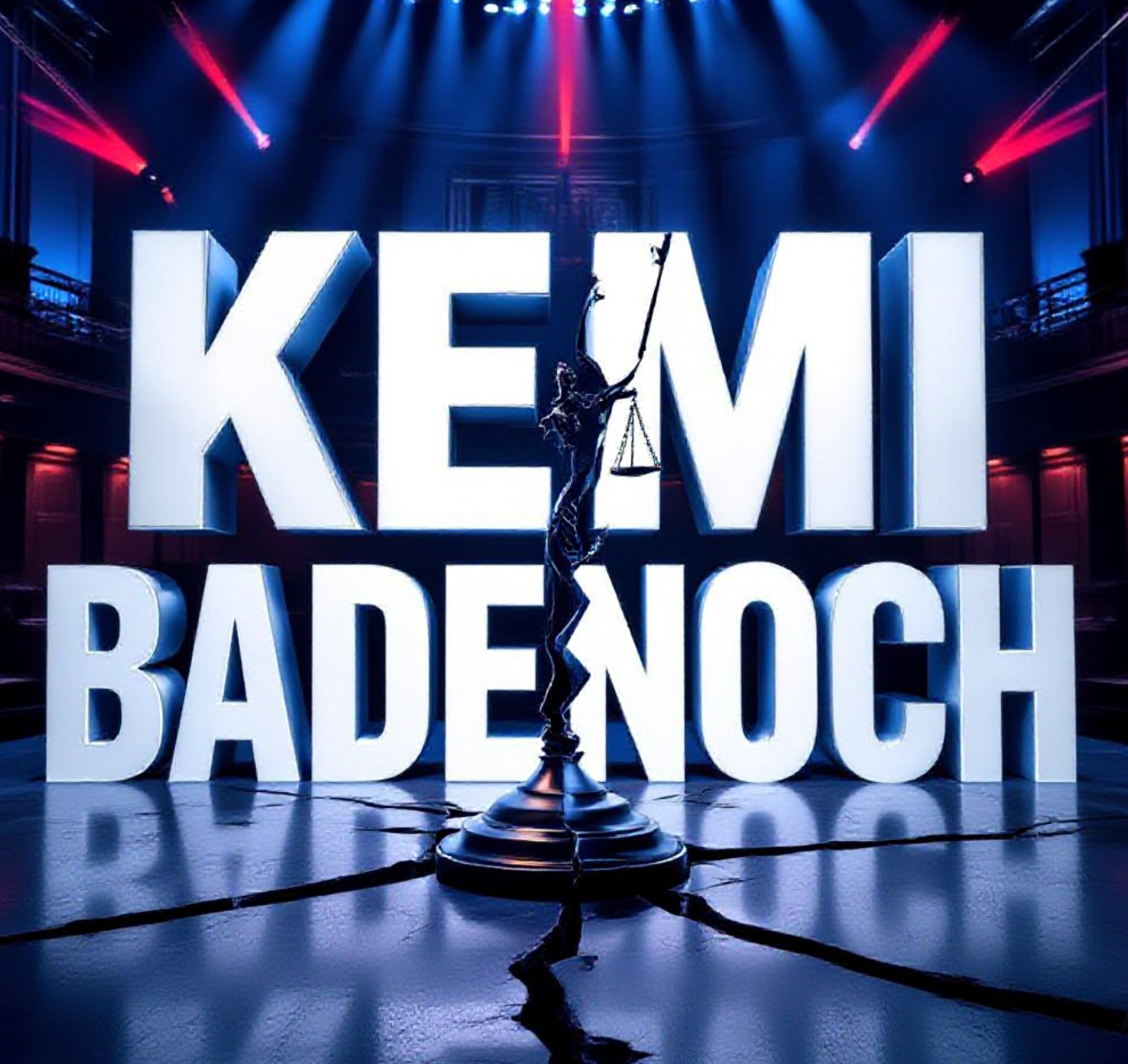 A viral, hyper-realistic YouTube thumbnail with a dramatic political atmosphere. The background is the Scottish Parliament chamber at dusk with deep blue lighting and red accent beams cutting through shadow. The composition uses a low-angle shot to focus on the main subject: a large, cracked stone scales of justice dramatically splitting down the middle. Image size should be 3:2. The image features massive 3D typography with strict hierarchy: The Primary Text reads exactly: 'KEMI BADENOCH'. This text is massive, the largest element in the frame, rendered in polished chrome with Tory blue glow to look like a high-budget 3D render. The Secondary Text reads exactly: 'SPLIT THE ROLE'. This text is significantly smaller, positioned below the main text. It features a thick, glowing red outline to contrast against the background. Make sure text 2 is always different theme, style, effect and border compared to text 1. The text materials correspond to the story's concept. Crucial Instruction: There is absolutely NO other text, numbers, watermarks, or subtitles in this image other than these two specific lines. 8k, Unreal Engine 5, cinematic render.