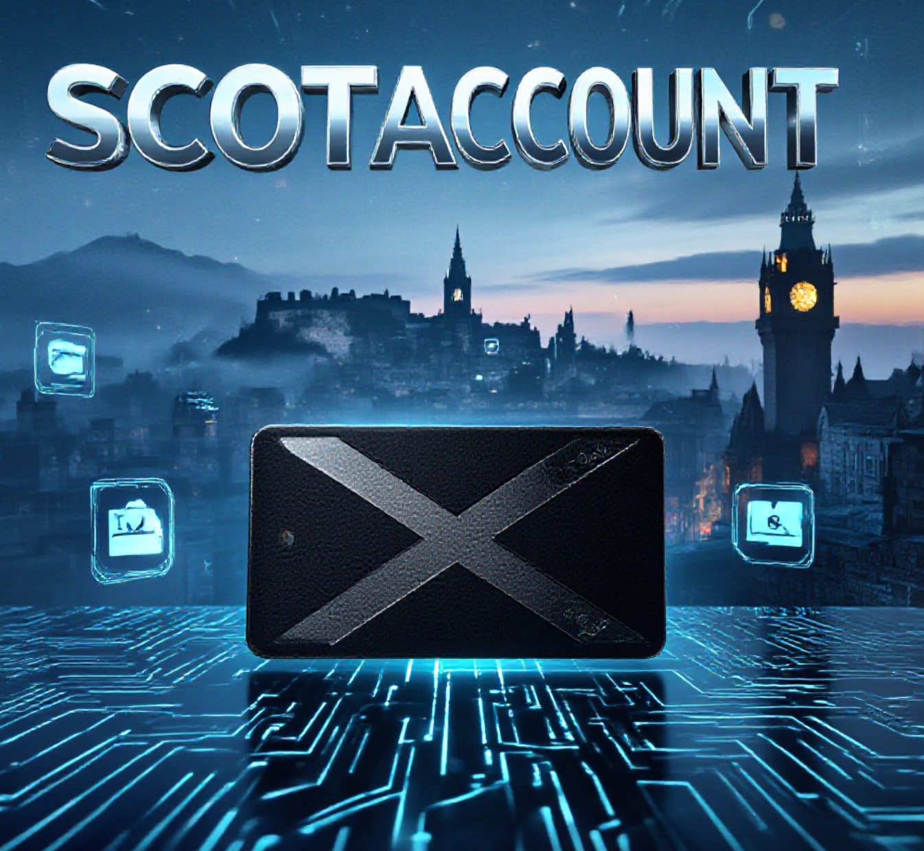 A viral, hyper-realistic YouTube thumbnail with a sleek Scottish tech atmosphere. The background is a misty Edinburgh skyline at dawn mixed with glowing cyan digital circuits and floating holographic icons. The composition uses a dramatic low-angle shot to focus on the main subject: a faceless, elegant matte-black digital wallet card engraved with the Saltire. Image size should be 3:2.
The image features massive 3D typography with strict hierarchy:
The Primary Text reads exactly: 'ScotAccount'. This text is massive, the largest element in the frame, rendered in polished chrome with subtle blue glow to look like a high-budget 3D render.
The Secondary Text reads exactly: 'No Biometrics Needed'. This text is significantly smaller, positioned below the main text. It features a thick, electric-cyan border/outline (sticker style) to contrast against the background. Make sure text 2 is always different theme, style, effect and border compared to text 1