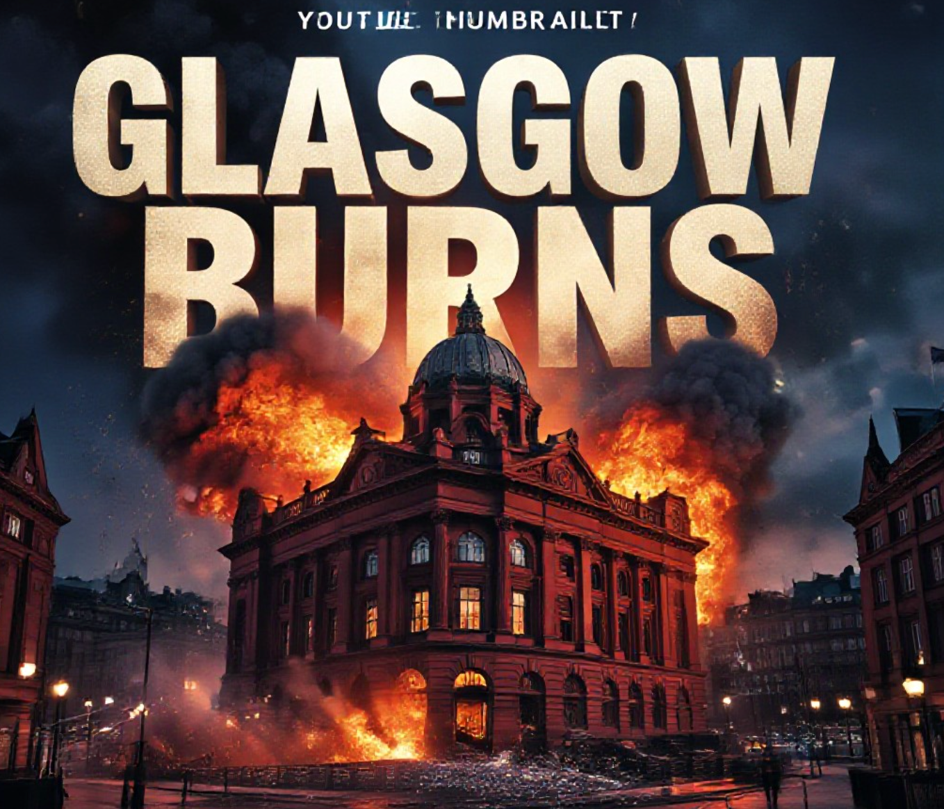 A viral, hyper-realistic YouTube thumbnail with a dramatic fiery apocalypse atmosphere. The background is a night-time Glasgow city centre engulfed in thick black smoke and intense orange flames, with the iconic Glasgow Central Station facade barely visible through the haze and sparkling embers floating in the air. The composition uses a dramatic low-angle shot to focus on the main subject: a massive crumbling red sandstone historic building with its ornate dome collapsing in real time. Image size should be 3:2. The image features massive 3D typography with strict hierarchy: The Primary Text reads exactly: 'GLASGOW BURNS'. This text is massive, the largest element in the frame, rendered in molten lava-orange chrome with glowing edges to look like a high-budget 3D render. The Secondary Text reads exactly: 'Station Shut Down'. This text is significantly smaller, positioned below the main text. It features a thick, electric blue border/outline (sticker style) to contrast against the background. Make sure text 2 is always different theme, style, effect and border compared to text 1. The text materials correspond to the story's concept. Crucial Instruction: There is absolutely NO other text, numbers, watermarks, or subtitles in this image other than these two specific lines. 8k, Unreal Engine 5, cinematic render