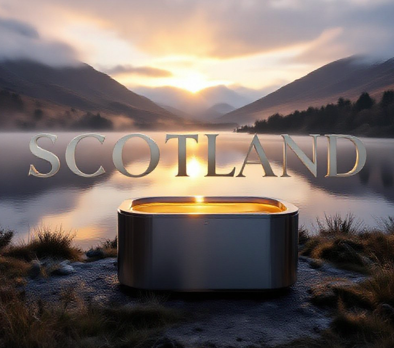 A viral, hyper-realistic YouTube thumbnail with a serene, eco-luxury atmosphere. The background is a misty Scottish highland loch at dawn with soft golden sunlight piercing through low clouds. The composition uses a low, reverent camera angle to focus on the main subject: a sleek, modern stainless-steel resomation vessel gently glowing with warm internal light. Image size should be 3:2.
The image features massive 3D typography with strict hierarchy:
The Primary Text reads exactly: 'SCOTLAND'. This text is massive, the largest element in the frame, rendered in polished Scottish green marble with subtle gold veins to look like a high-budget 3D render.
The Secondary Text reads exactly: 'Legalises Water Cremation'. This text is significantly smaller, positioned below the main text. It features a thick, glowing white outline with soft cyan edge light (sticker style) to contrast against the background. Make sure text 2 is always different theme, style, effect and border compared to text 1