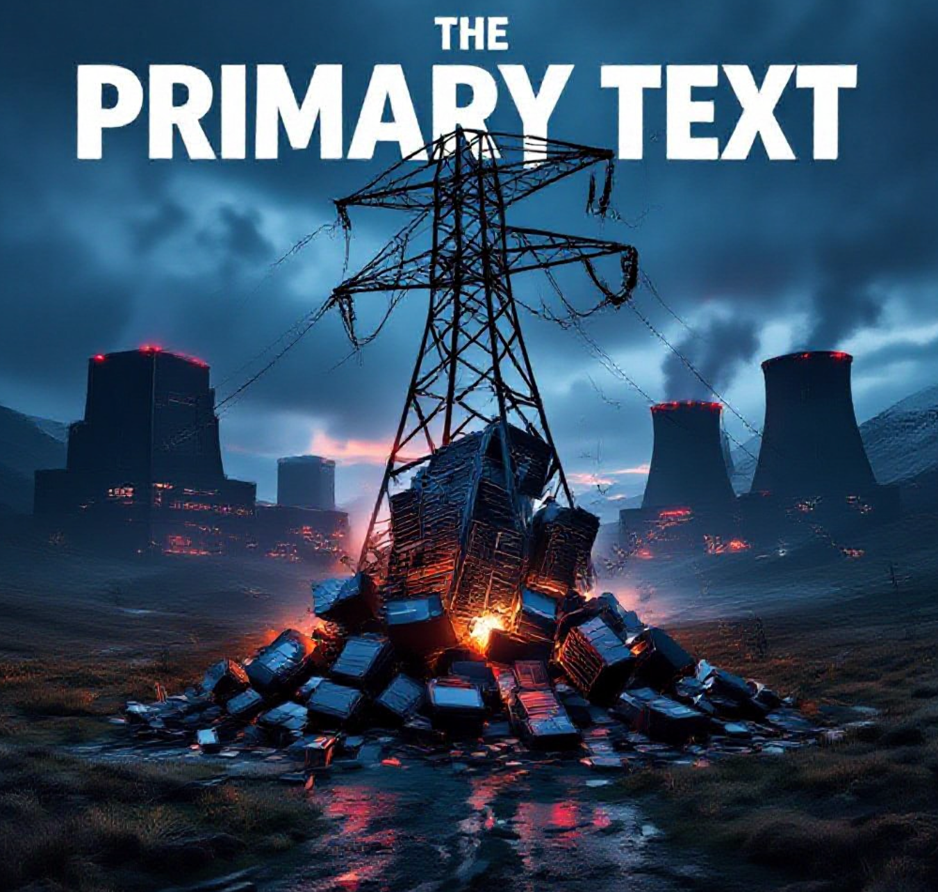 A viral, hyper-realistic YouTube thumbnail with a dark, stormy tech-dystopian atmosphere. The background is a moody Scottish Highland landscape at dusk with massive black data centre buildings looming like fortresses, thick power cables snaking across the ground, and red warning lights glowing on cooling towers. The composition uses a dramatic low-angle shot to focus on the main subject: a gigantic cracked electricity pylon collapsing under the weight of endless server racks spilling out like a digital avalanche. Image size should be 3:2. The image features massive 3D typography with strict hierarchy: The Primary Text reads exactly: 'SCOTLAND POWER CRISIS'. This text is massive, the largest element in the frame, rendered in molten chrome with electric blue glow edges to look like a high-budget 3D render. The Secondary Text reads exactly: 'DATA CENTRES THREATEN NET ZERO'. This text is significantly smaller, positioned below the main text with a thick neon-red sticker-style outline border to contrast against the dark sky. Make sure text 2 is always different theme, style, effect and border compared to text 1. The text materials correspond to the story's concept. Crucial Instruction: There is absolutely NO other text, numbers, watermarks, or subtitles in this image other than these two specific lines. 8k, Unreal Engine 5, cinematic render.