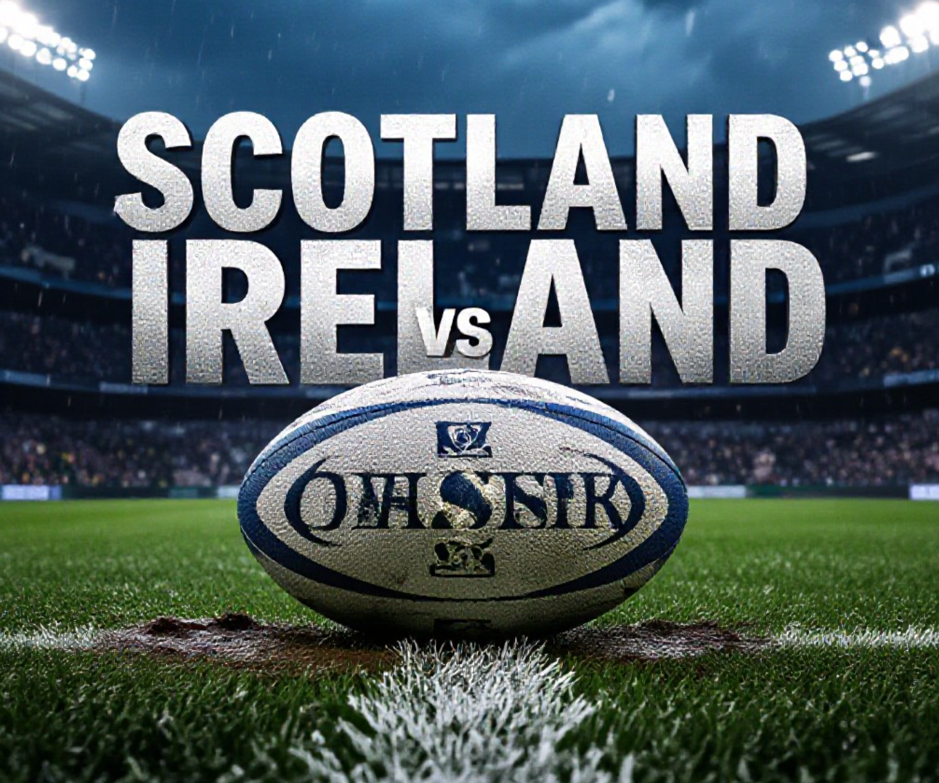 A viral, hyper-realistic YouTube thumbnail with a dramatic rugby stadium atmosphere. The background is a packed Aviva Stadium at night under floodlights with dark storm clouds gathering and faint rain starting to fall. The composition uses a low-angle cinematic shot to focus on the main subject: a battered, mud-covered rugby ball lying on the white centre-line with deep Scottish blue thistle markings cracked across it. Image size should be 3:2.
The image features massive 3D typography with strict hierarchy:
The Primary Text reads exactly: 'SCOTLAND vs IRELAND'. This text is massive, the largest element in the frame, rendered in gleaming chrome silver with deep blue glow edges to look like a high-budget 3D render.
The Secondary Text reads exactly: 'TITLE DECIDER'. This text is significantly smaller, positioned below the main text. It features a thick red outline with pulsing crimson glow effect to contrast against the dark background. Make sure text 2 is always different theme, style, effect and border compared to text 1.